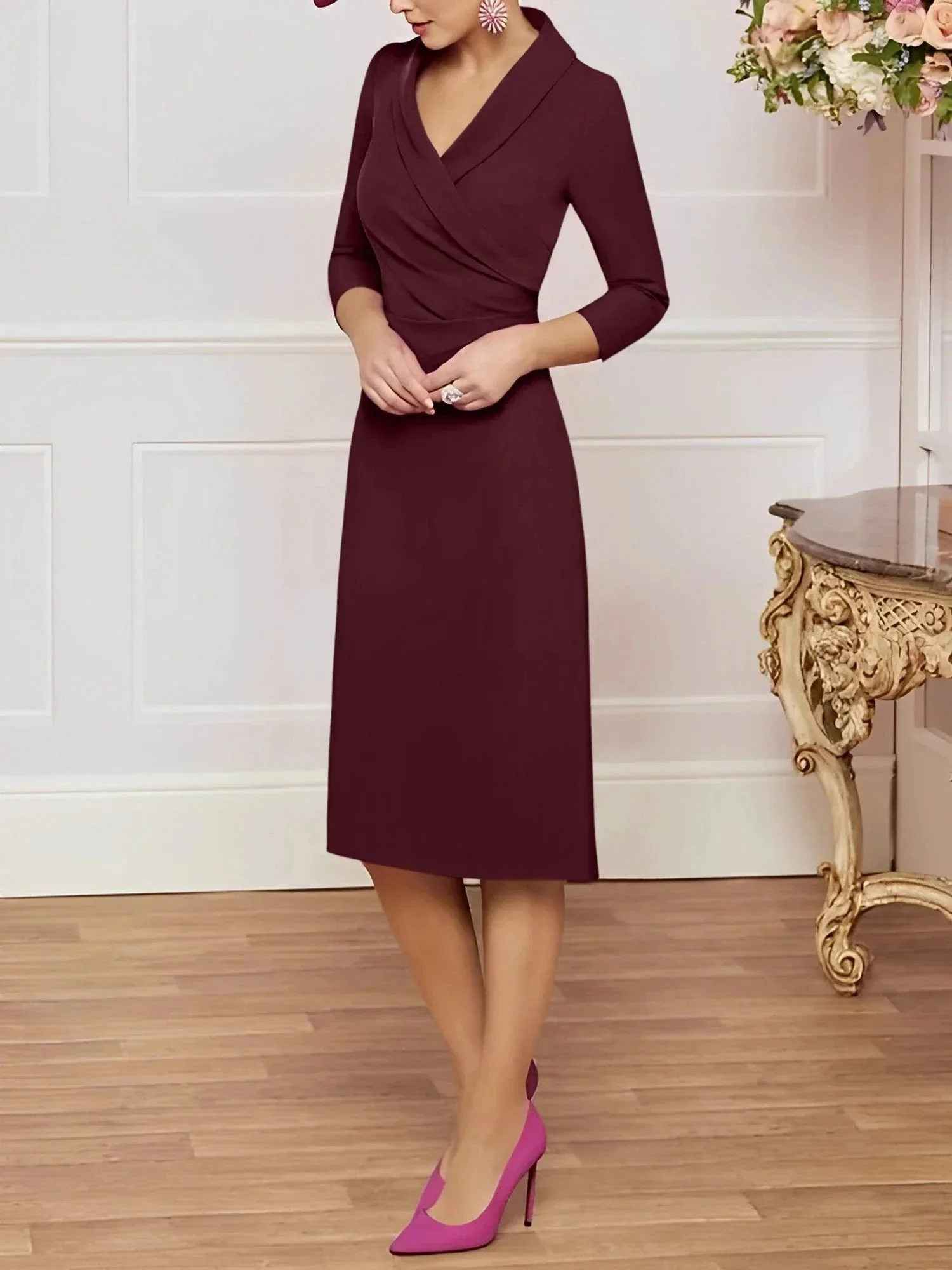 Sheath/Column V-Neck Knee-Length Mother of the Bride Dresses - Image 31