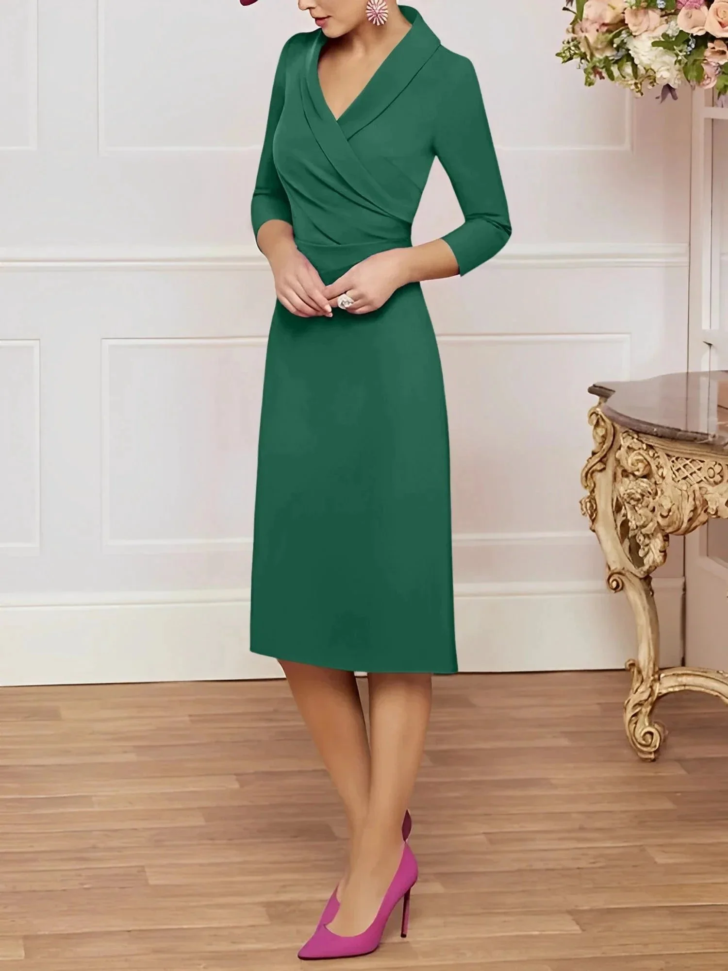 Sheath/Column V-Neck Knee-Length Mother of the Bride Dresses - Image 36