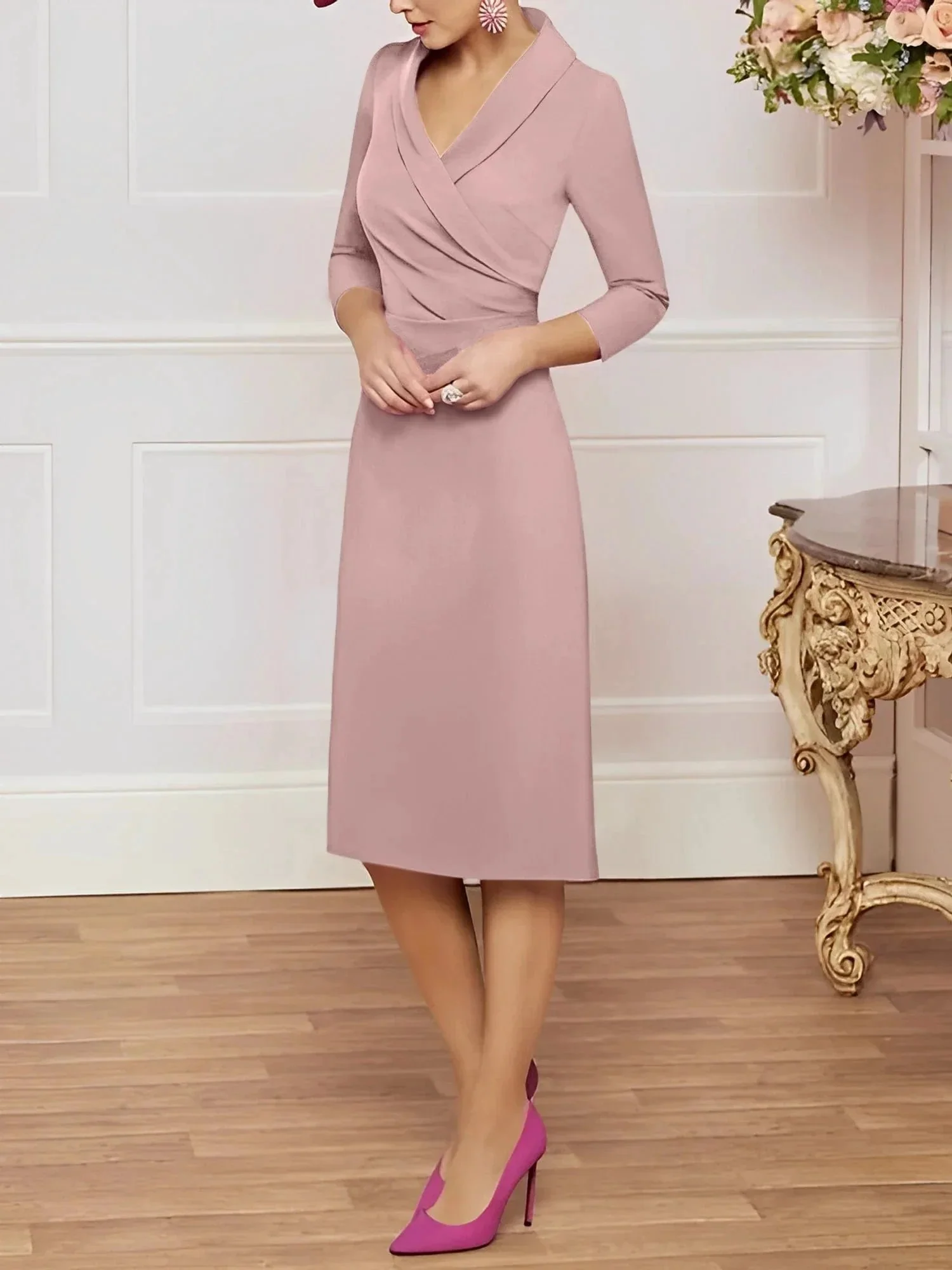 Sheath/Column V-Neck Knee-Length Mother of the Bride Dresses - Image 39