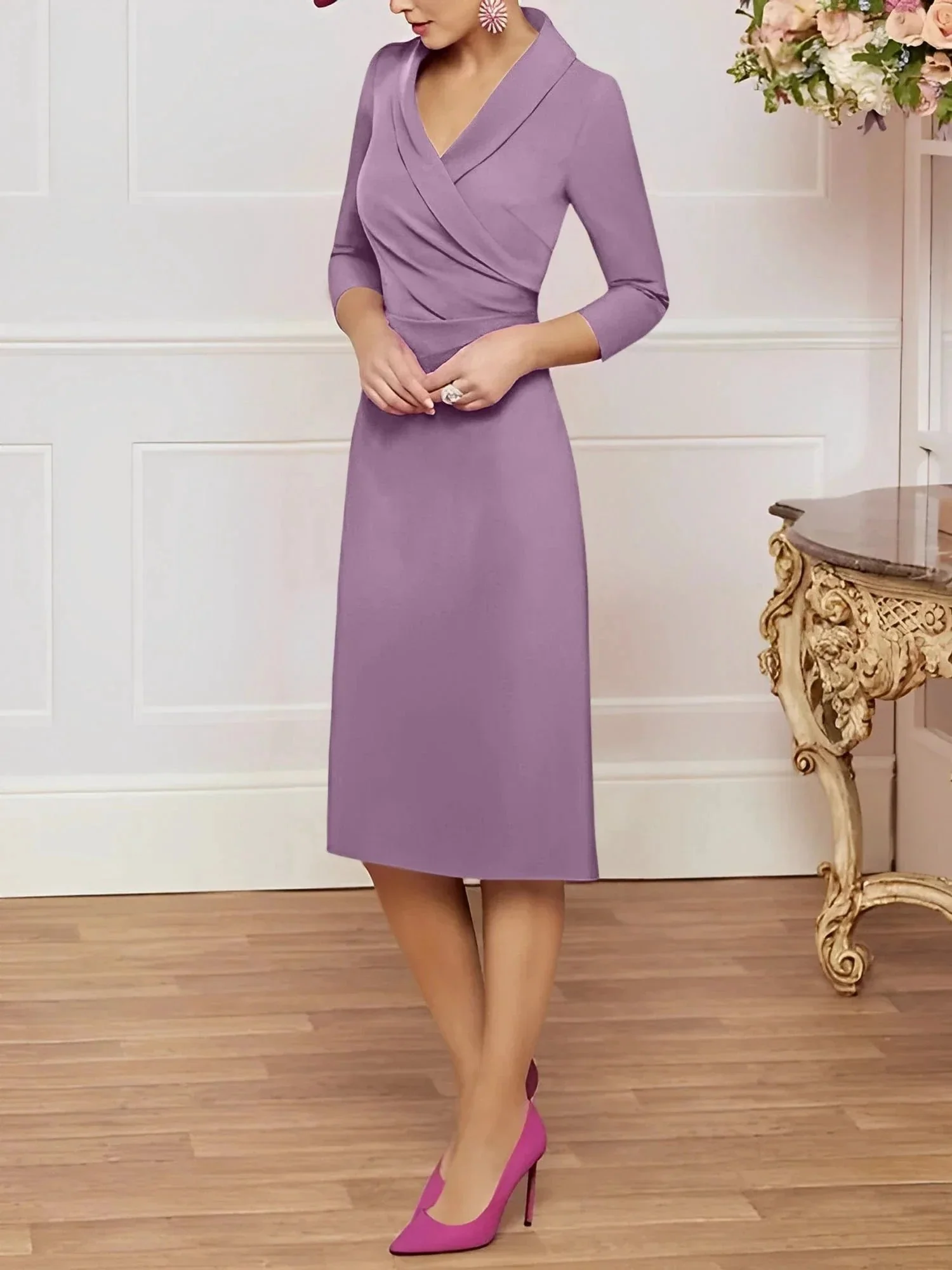 Sheath/Column V-Neck Knee-Length Mother of the Bride Dresses - Image 40