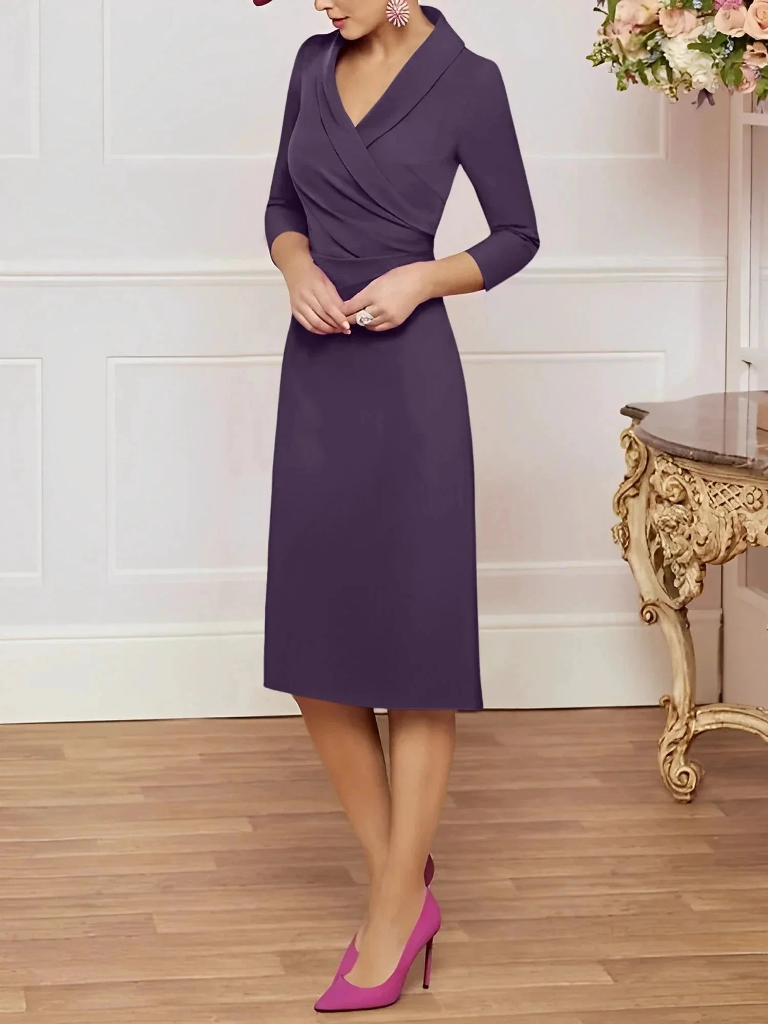 Sheath/Column V-Neck Knee-Length Mother of the Bride Dresses - Image 48