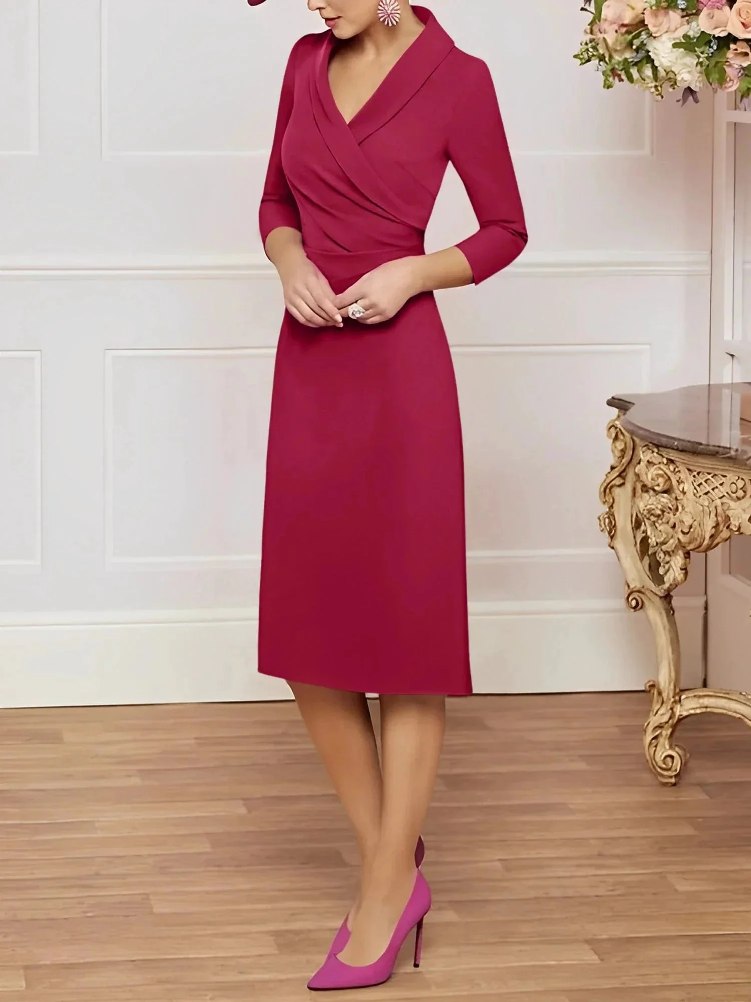 Sheath/Column V-Neck Knee-Length Mother of the Bride Dresses - Image 54