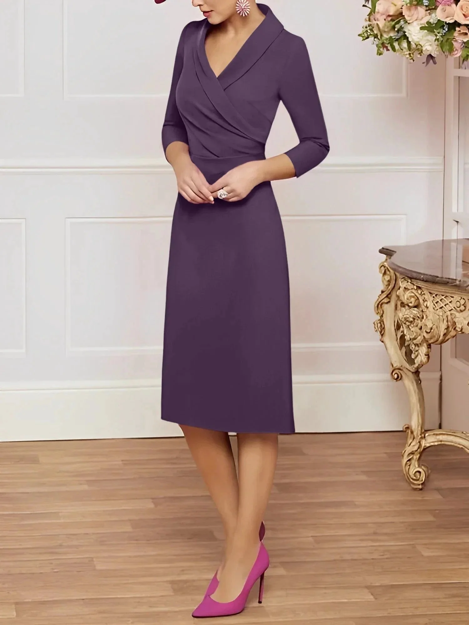 Sheath/Column V-Neck Knee-Length Mother of the Bride Dresses - Image 7