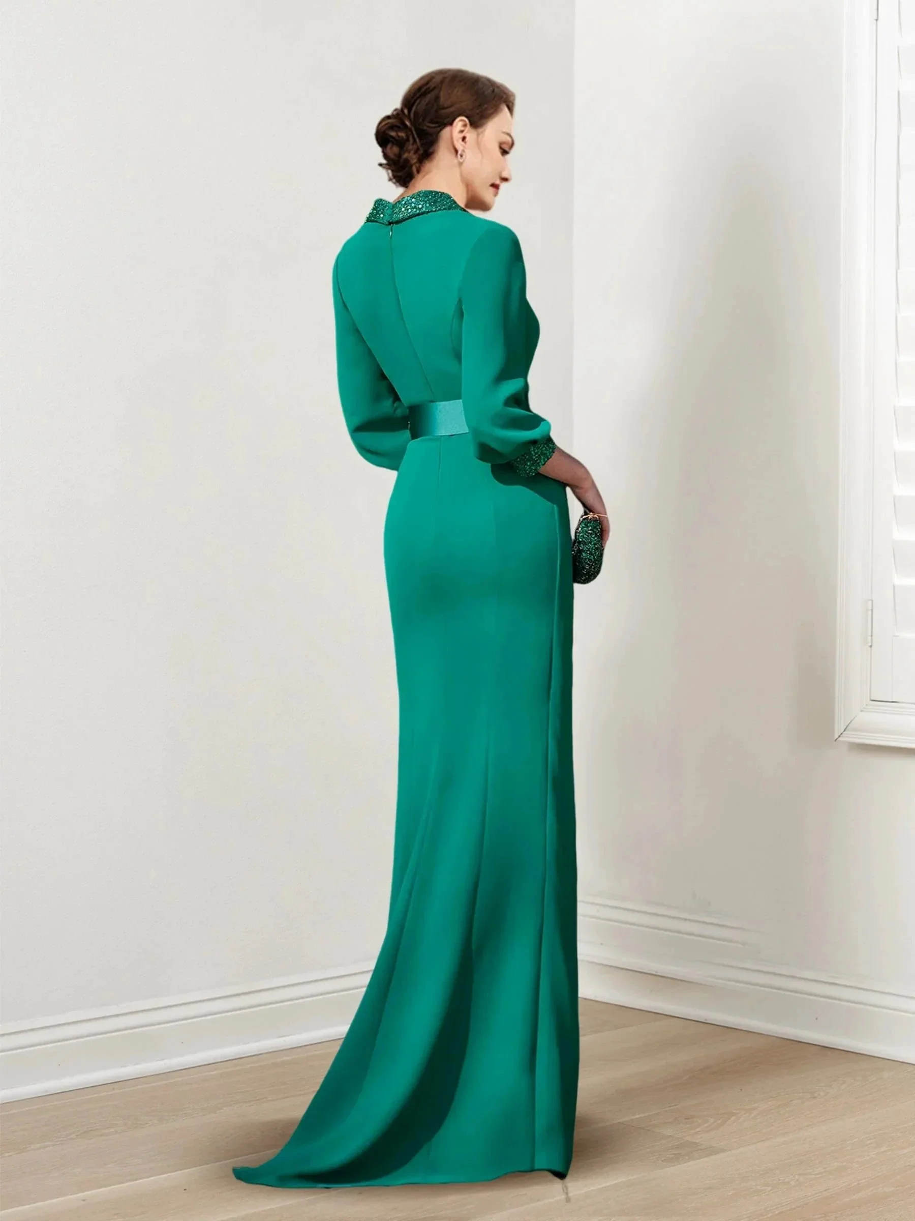 Sheath/Column V-Neck Long Sleeves Mother of the Bride Dresses With Belt - Image 2