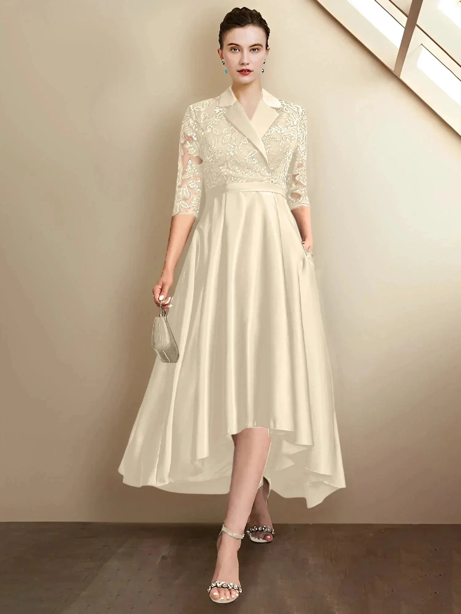 Sheath/Column V-Neck Tea-Length Mother of the Bride Dresses - Image 10