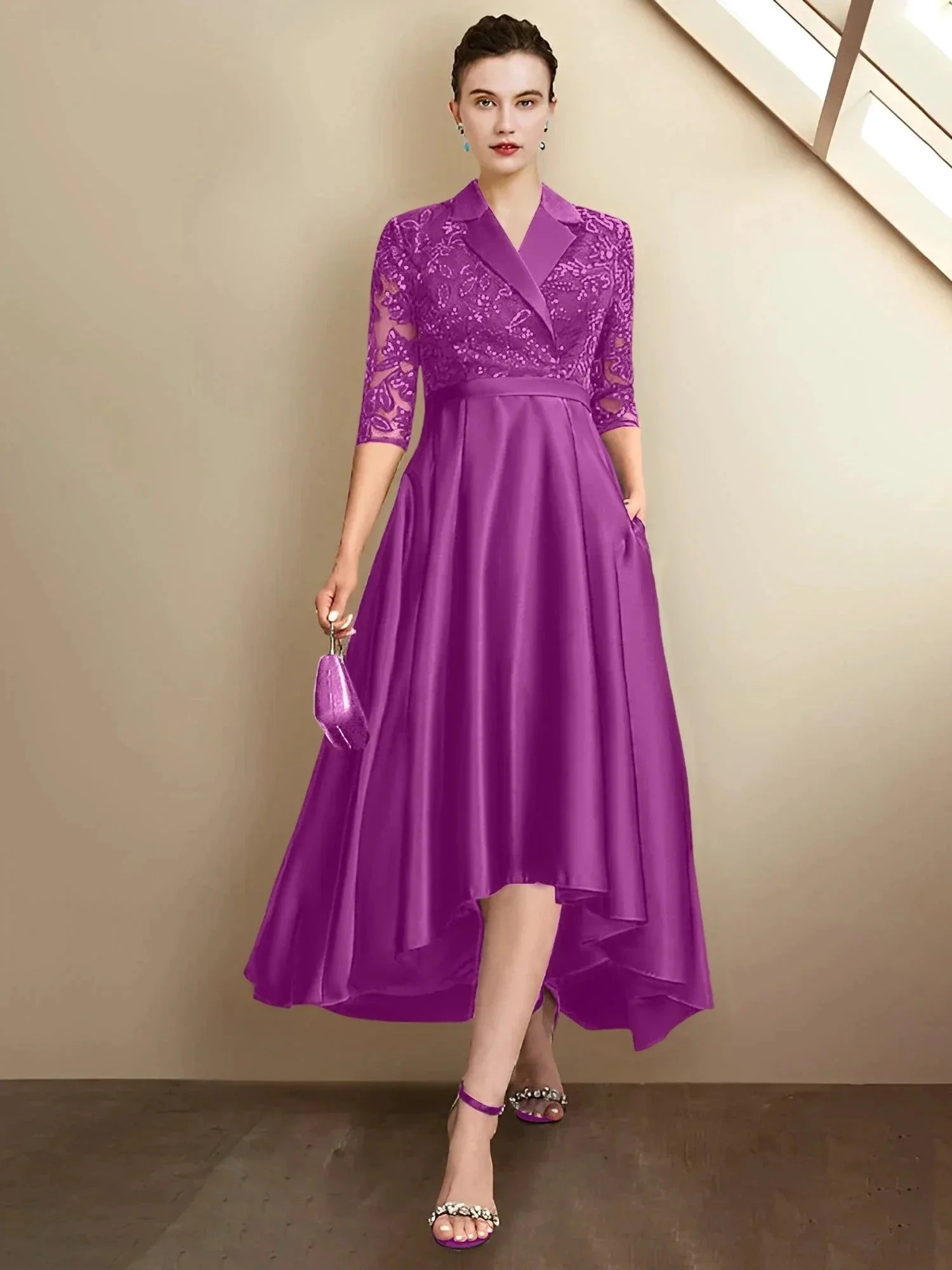 Sheath/Column V-Neck Tea-Length Mother of the Bride Dresses - Image 111