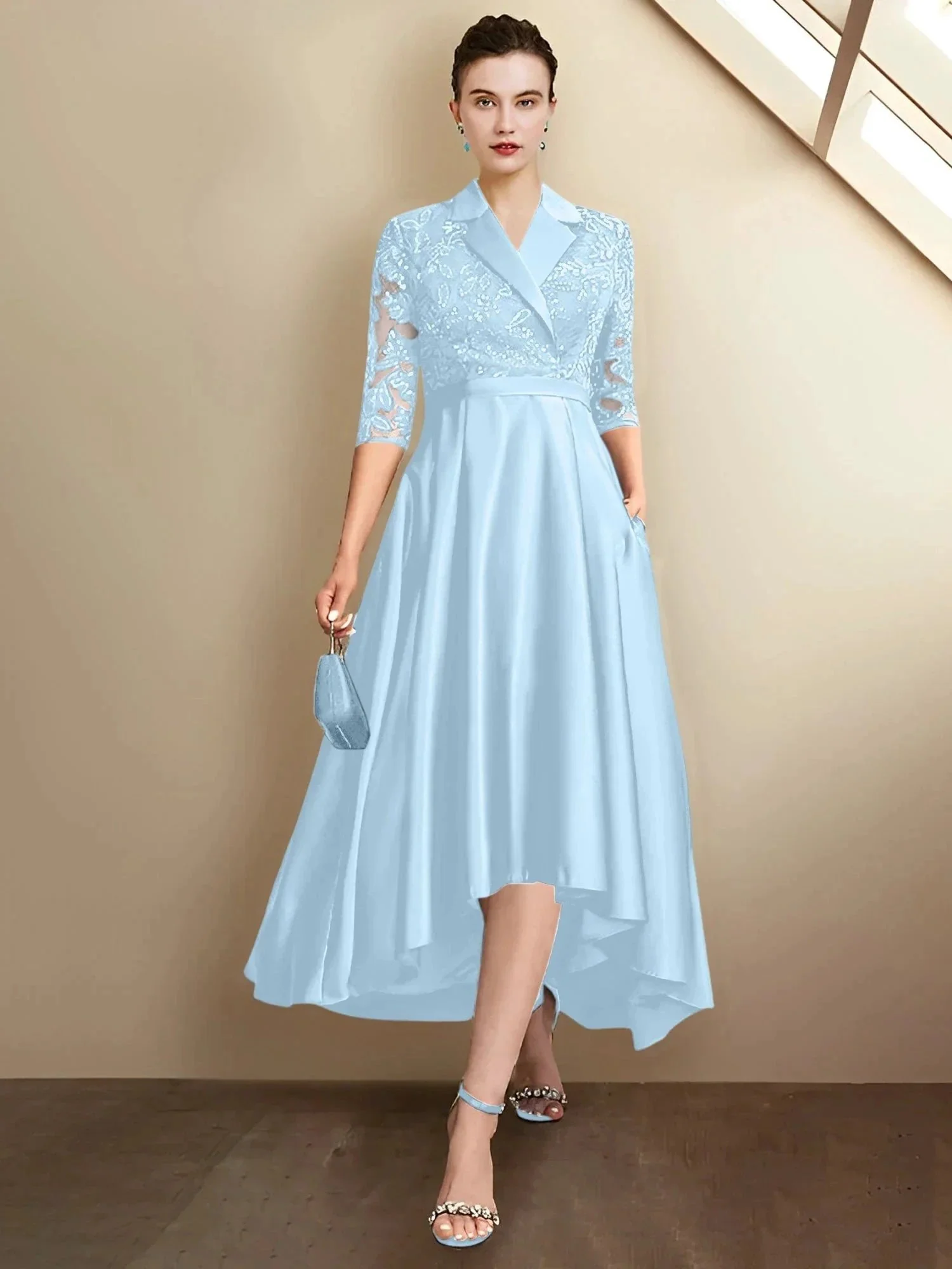 Sheath/Column V-Neck Tea-Length Mother of the Bride Dresses - Image 125