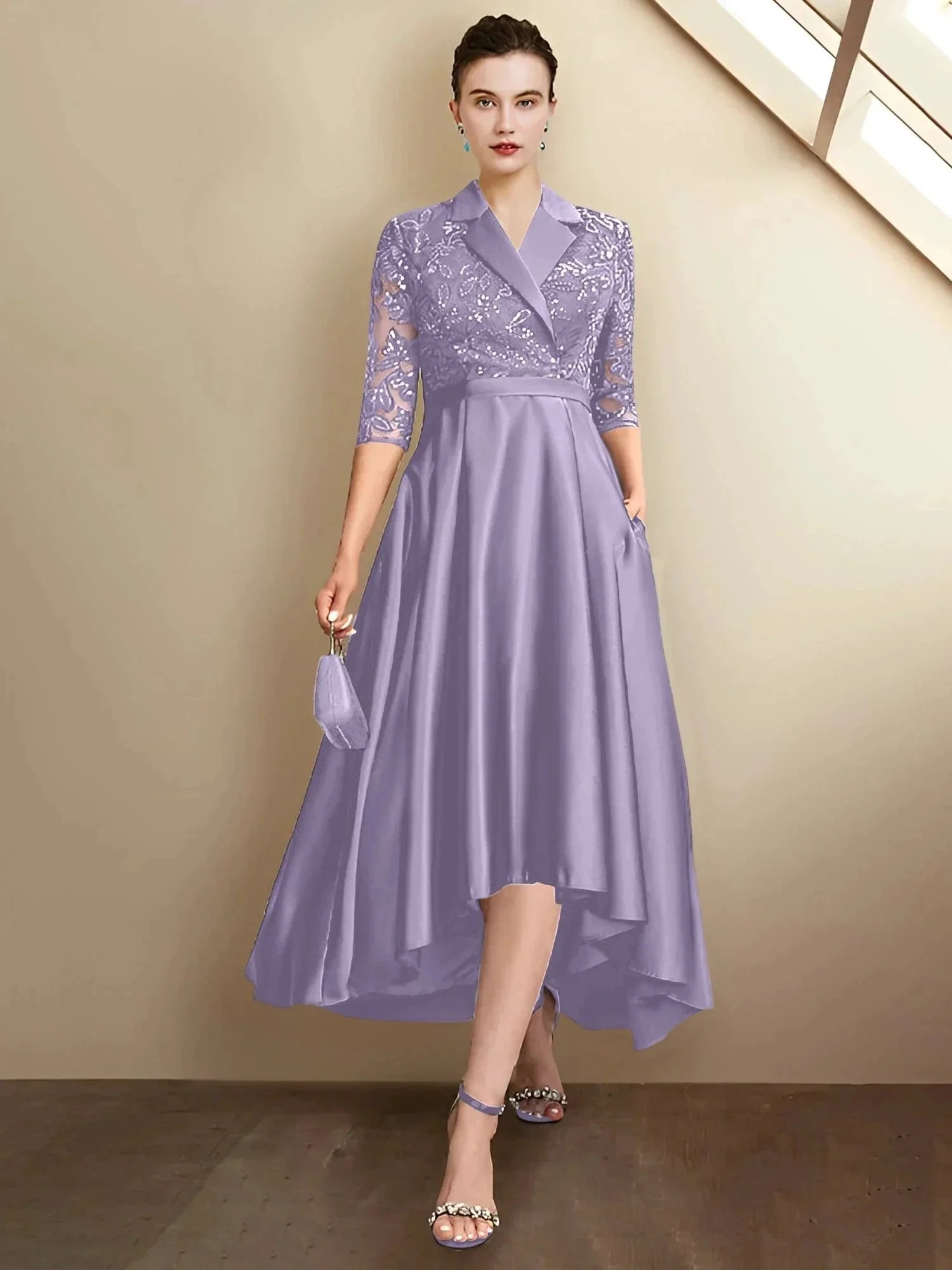 Sheath/Column V-Neck Tea-Length Mother of the Bride Dresses - Image 15