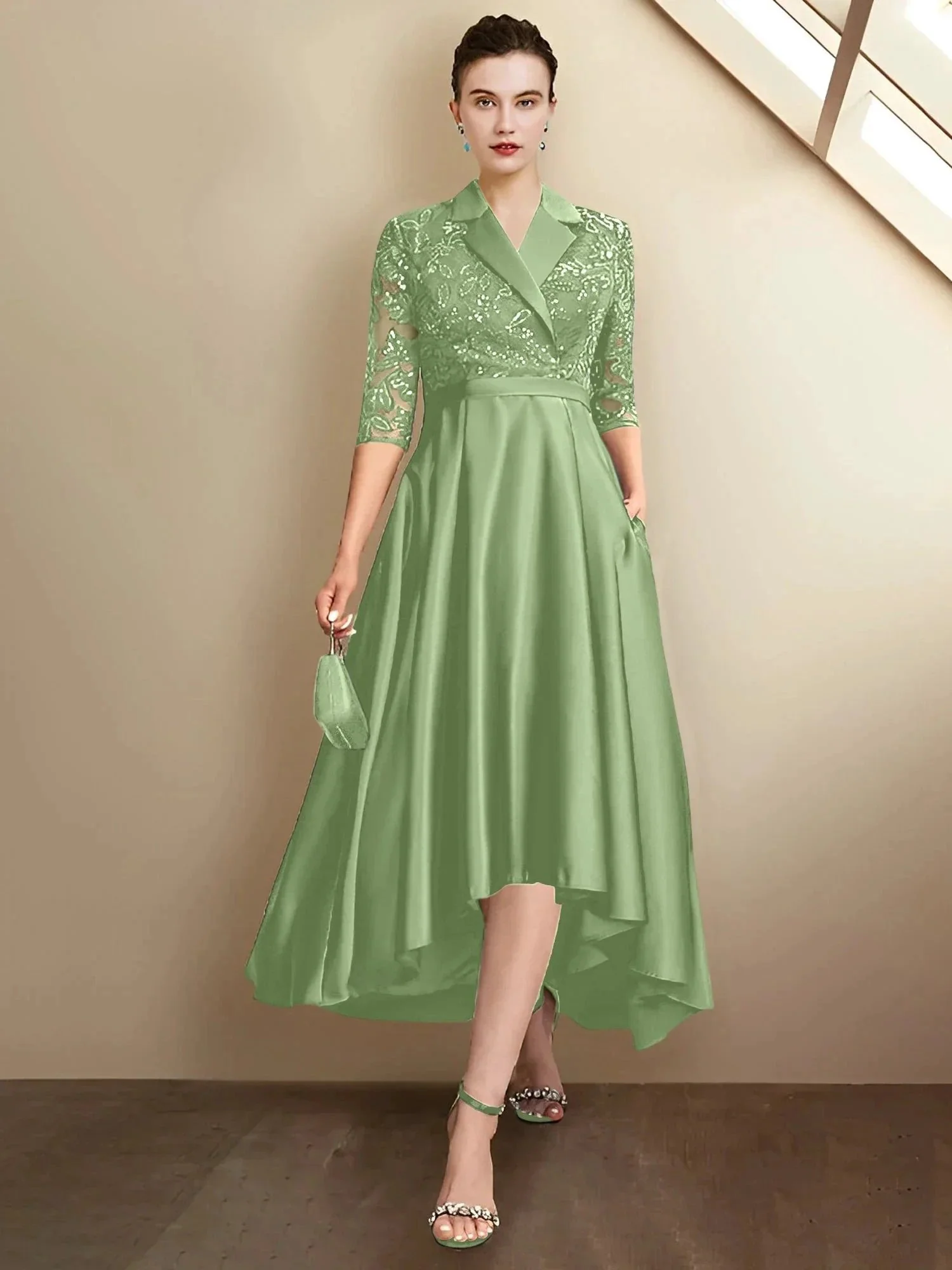Sheath/Column V-Neck Tea-Length Mother of the Bride Dresses - Image 17