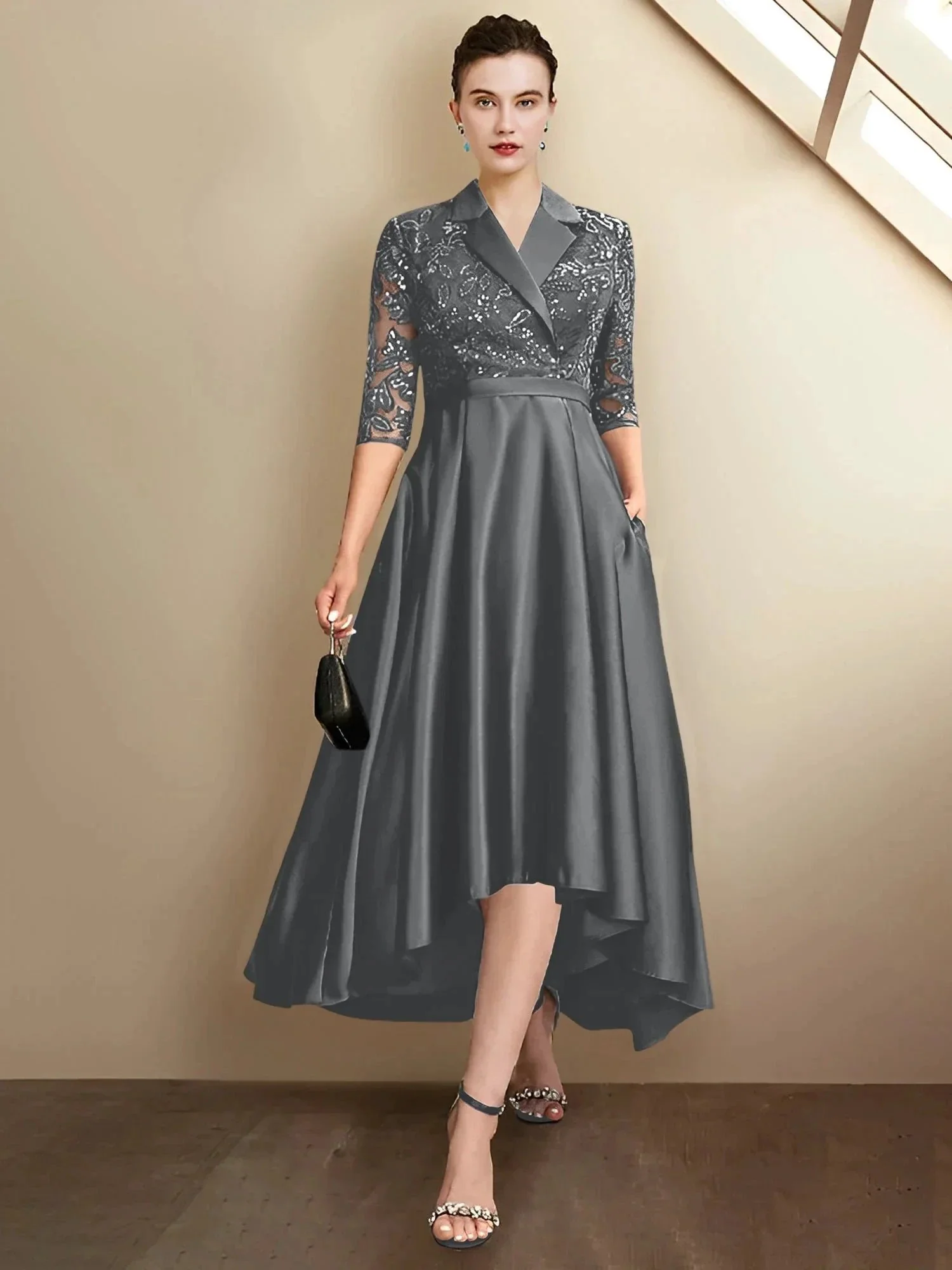 Sheath/Column V-Neck Tea-Length Mother of the Bride Dresses - Image 24