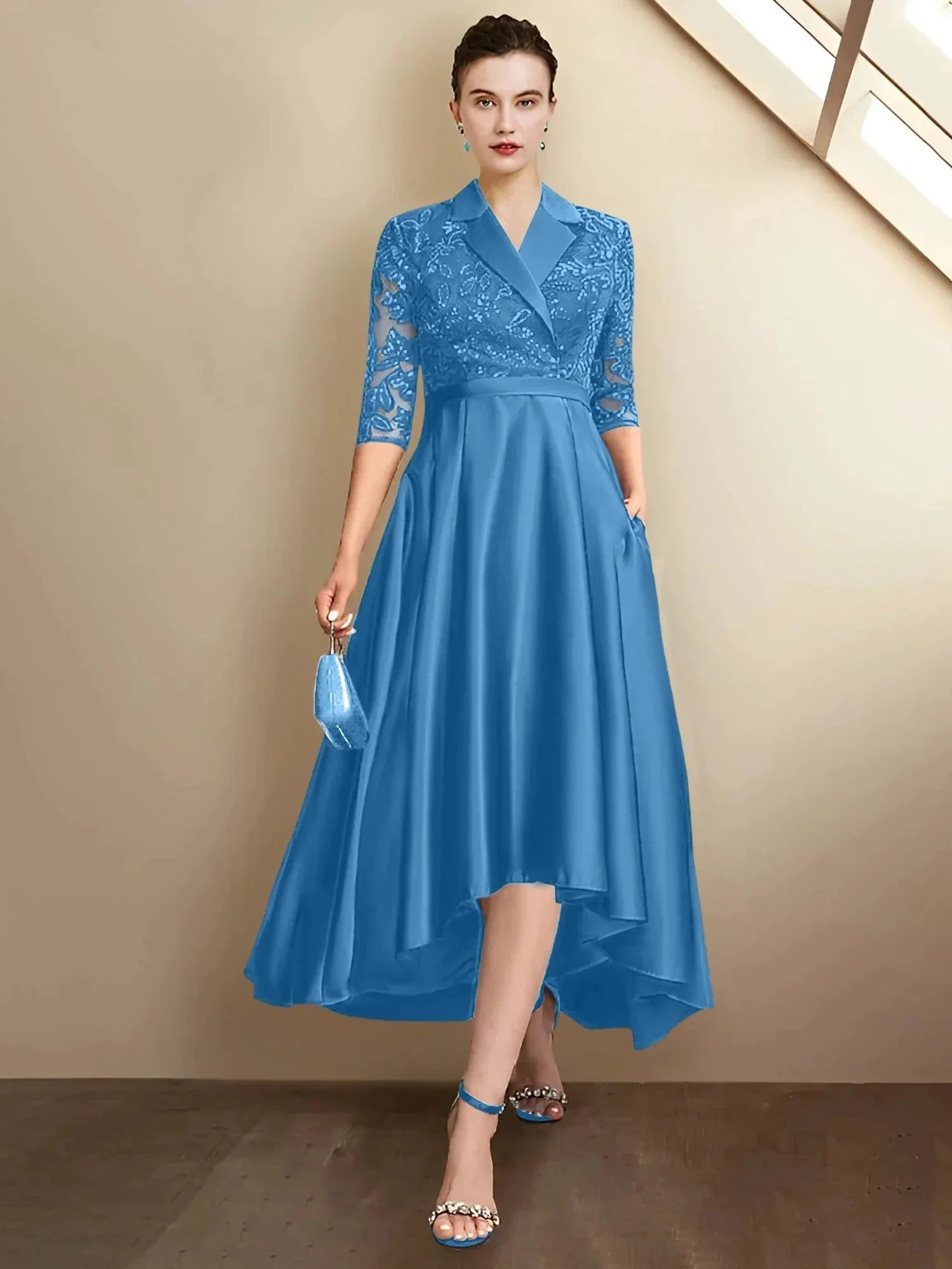 Sheath/Column V-Neck Tea-Length Mother of the Bride Dresses - Image 32