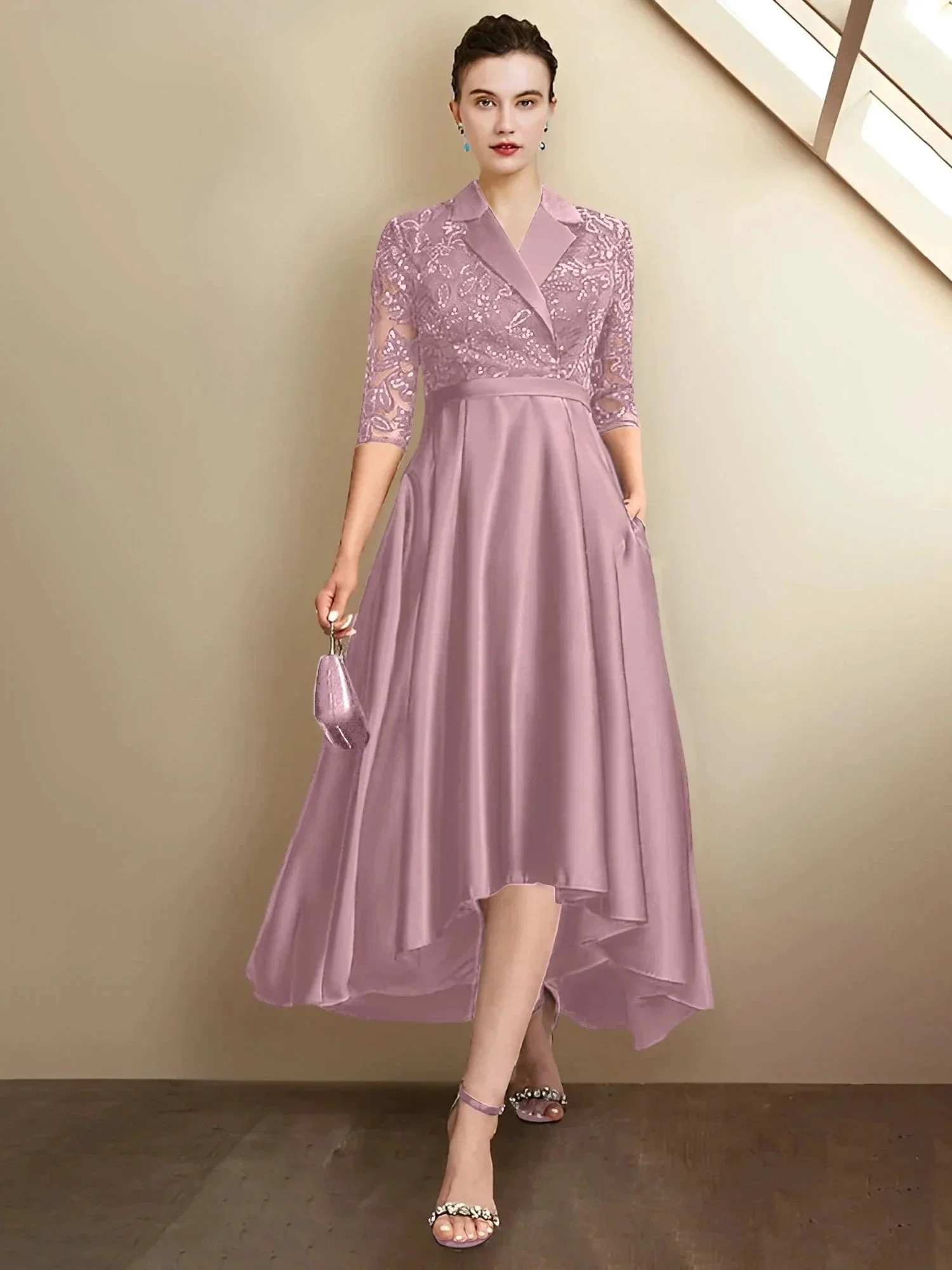 Sheath/Column V-Neck Tea-Length Mother of the Bride Dresses - Image 35