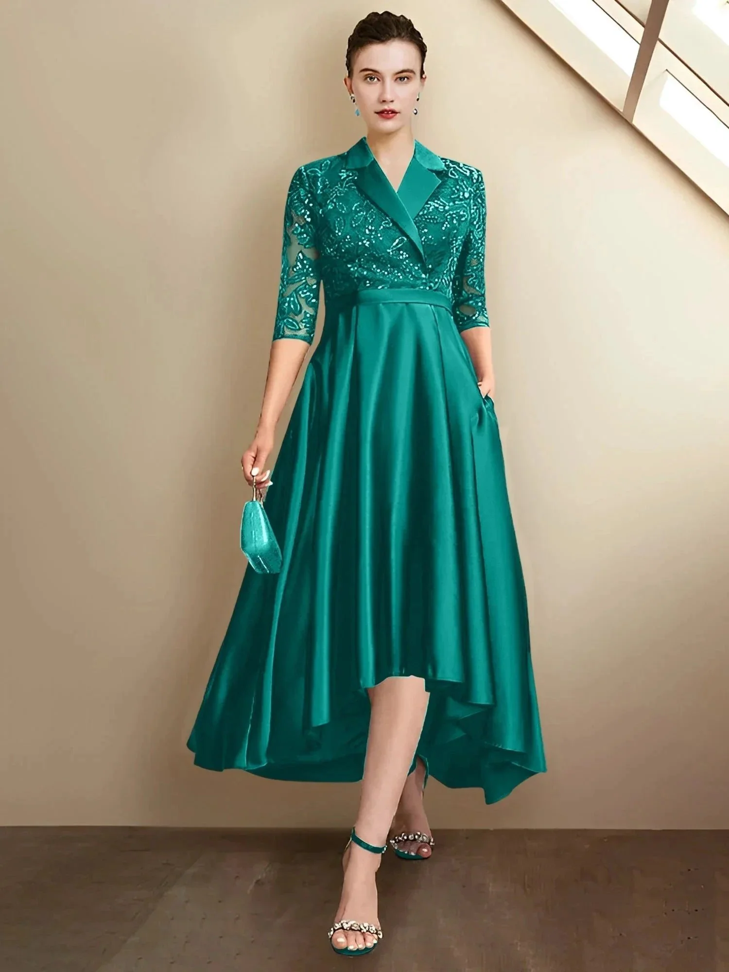 Sheath/Column V-Neck Tea-Length Mother of the Bride Dresses - Image 46