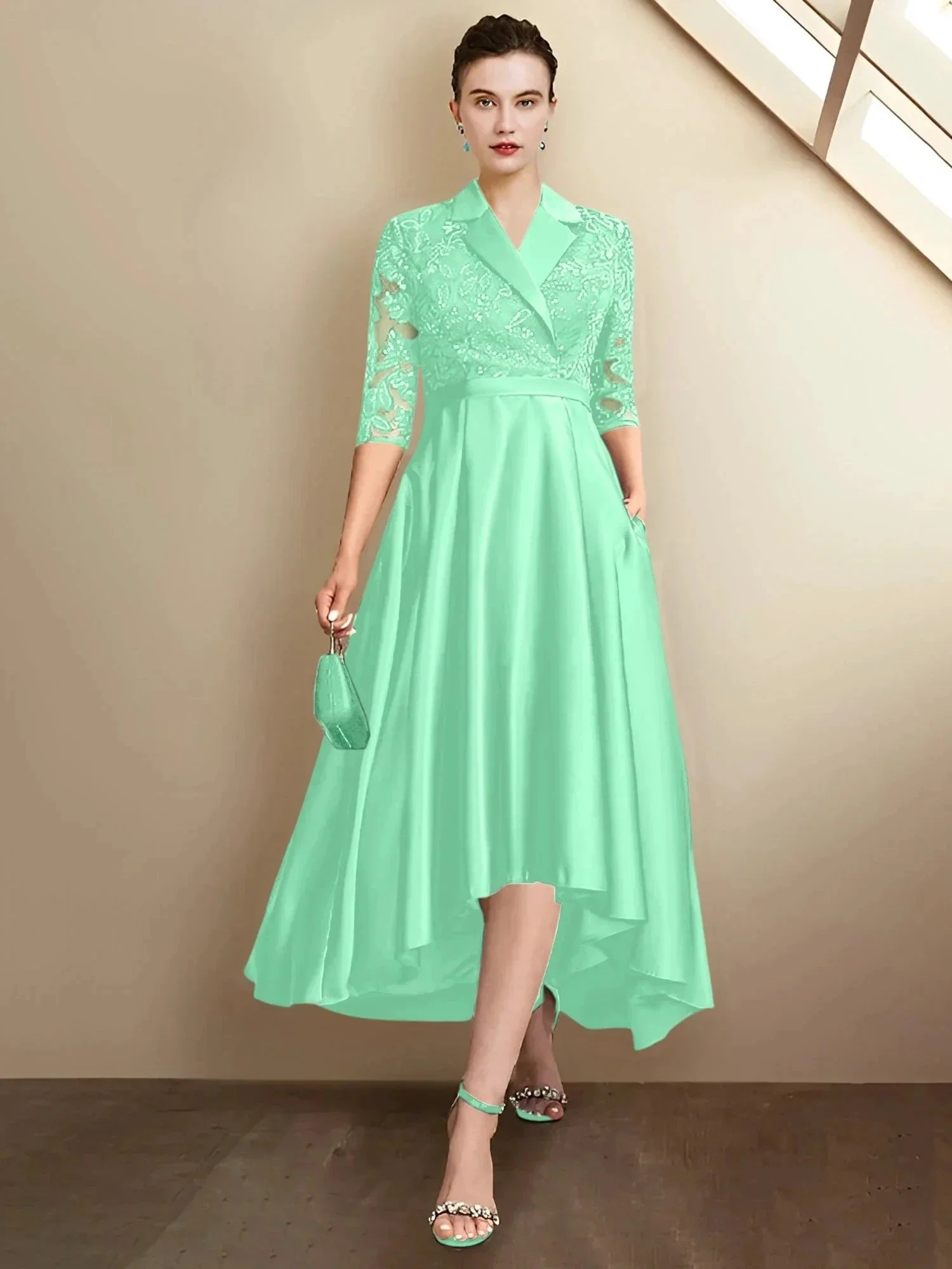 Sheath/Column V-Neck Tea-Length Mother of the Bride Dresses - Image 59