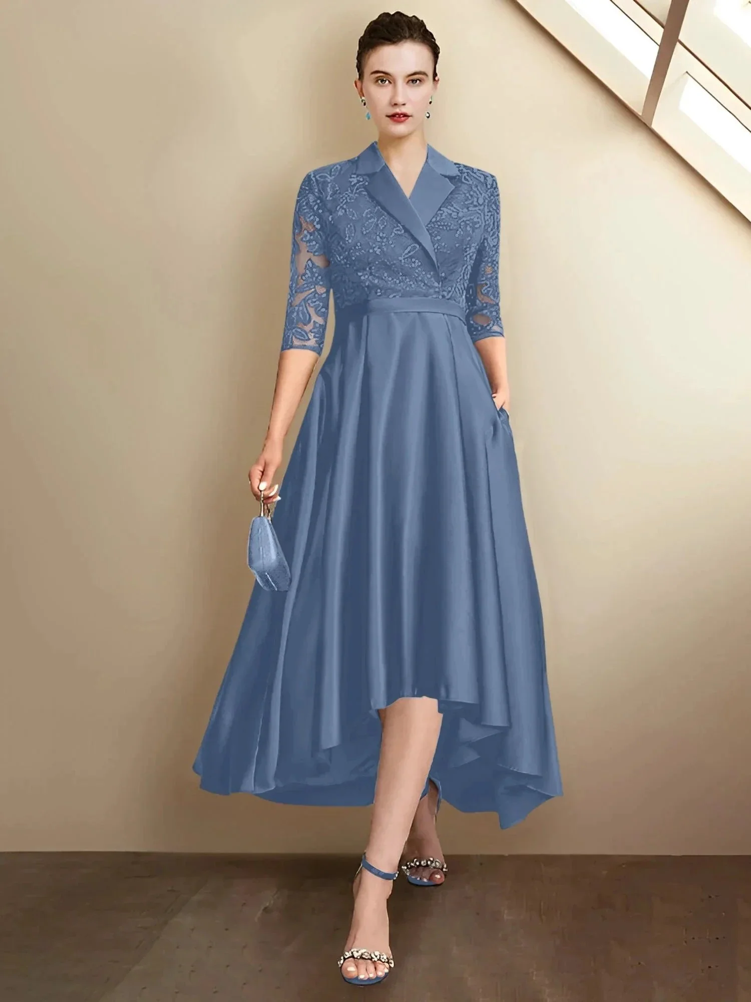 Sheath/Column V-Neck Tea-Length Mother of the Bride Dresses - Image 60