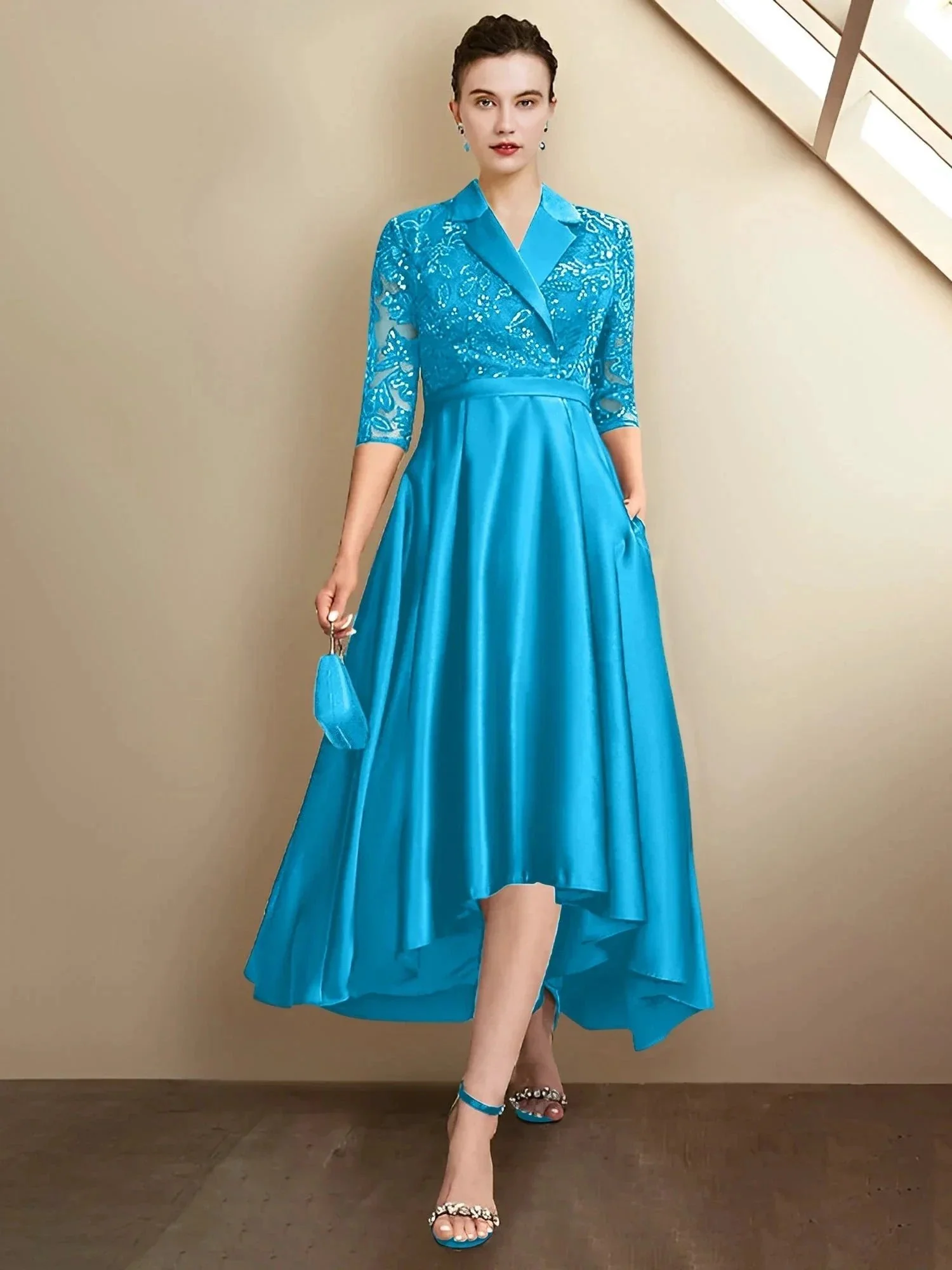 Sheath/Column V-Neck Tea-Length Mother of the Bride Dresses - Image 70