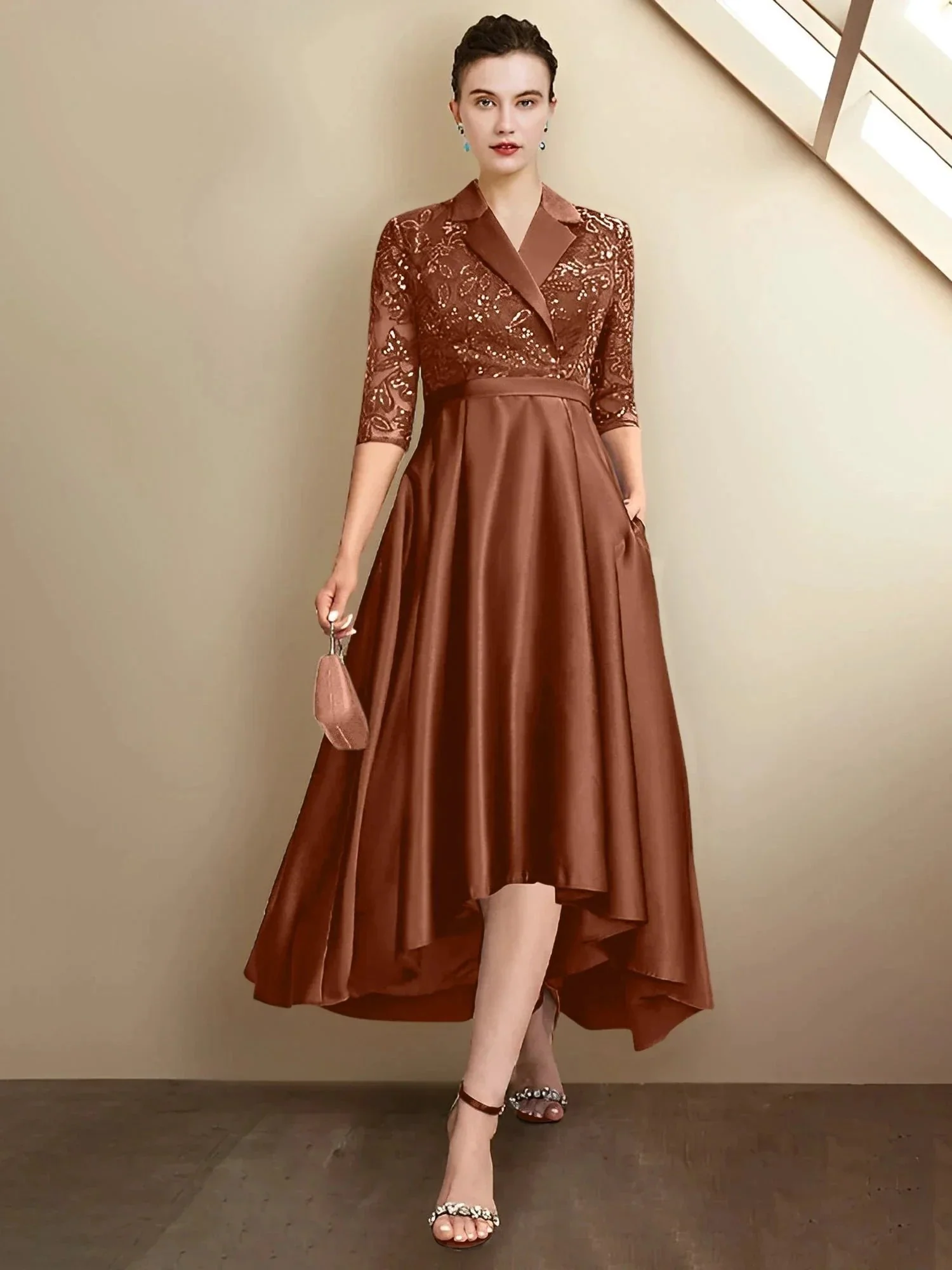Sheath/Column V-Neck Tea-Length Mother of the Bride Dresses - Image 75