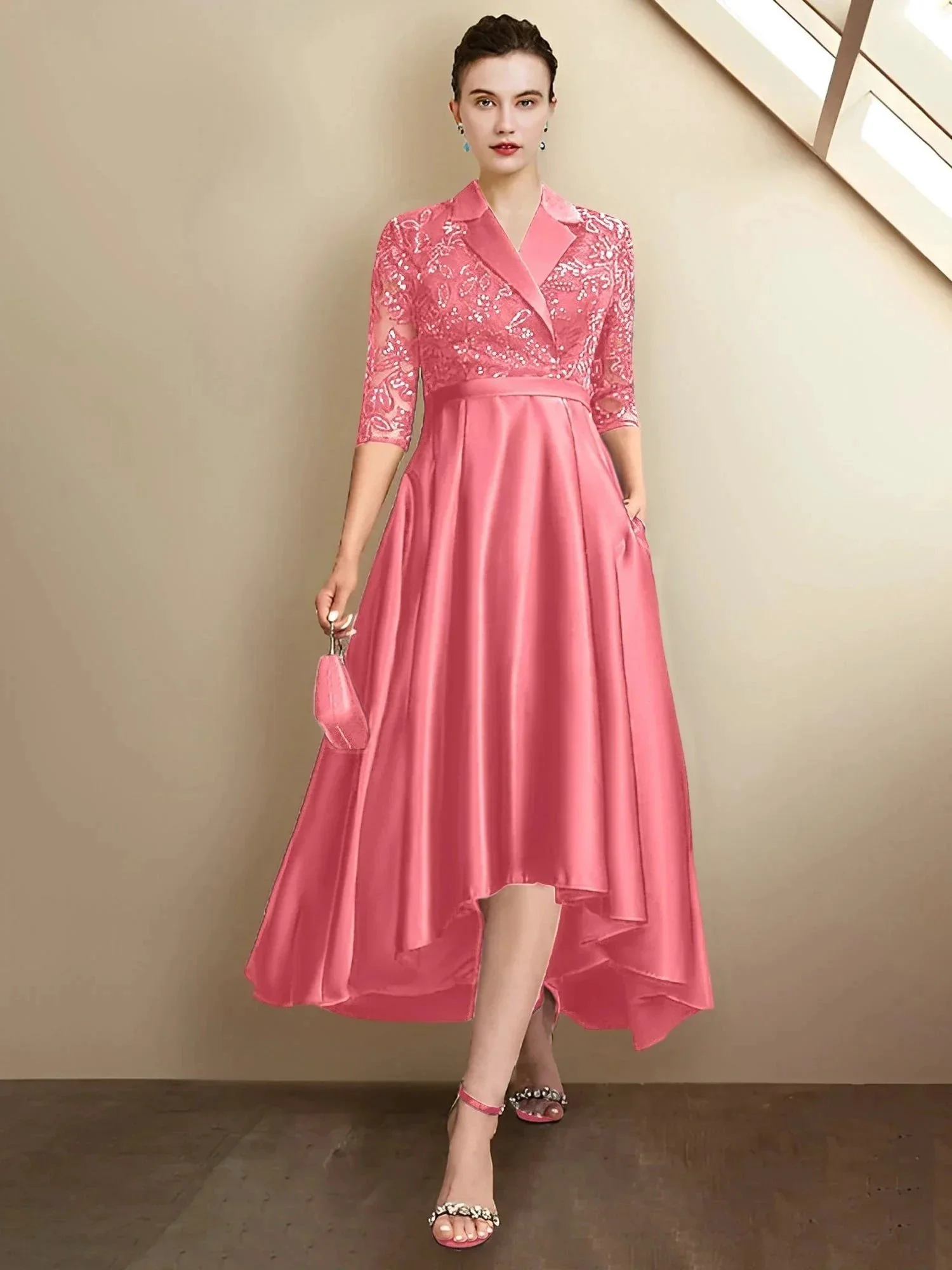 Sheath/Column V-Neck Tea-Length Mother of the Bride Dresses - Image 78