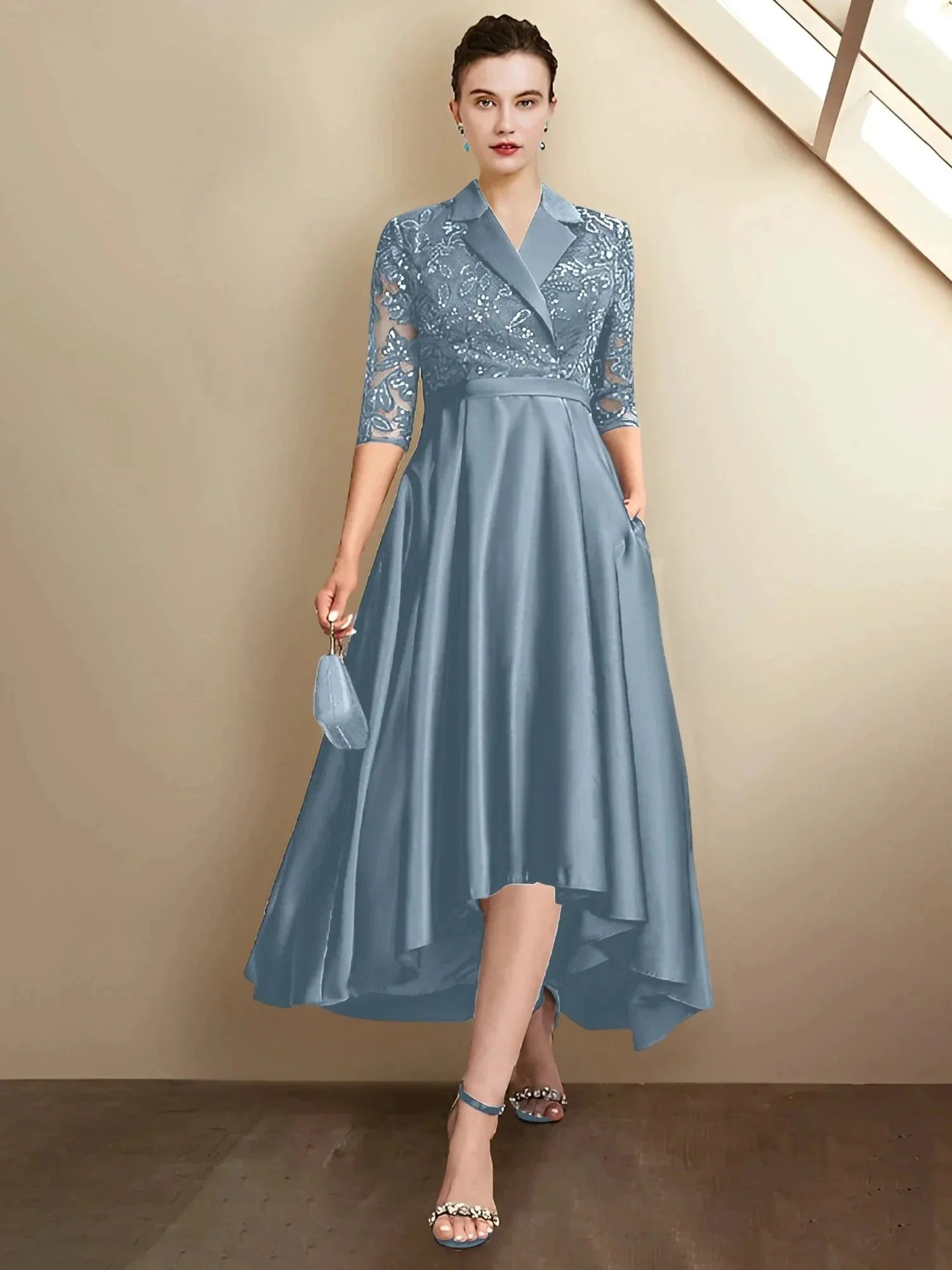 Sheath/Column V-Neck Tea-Length Mother of the Bride Dresses - Image 81