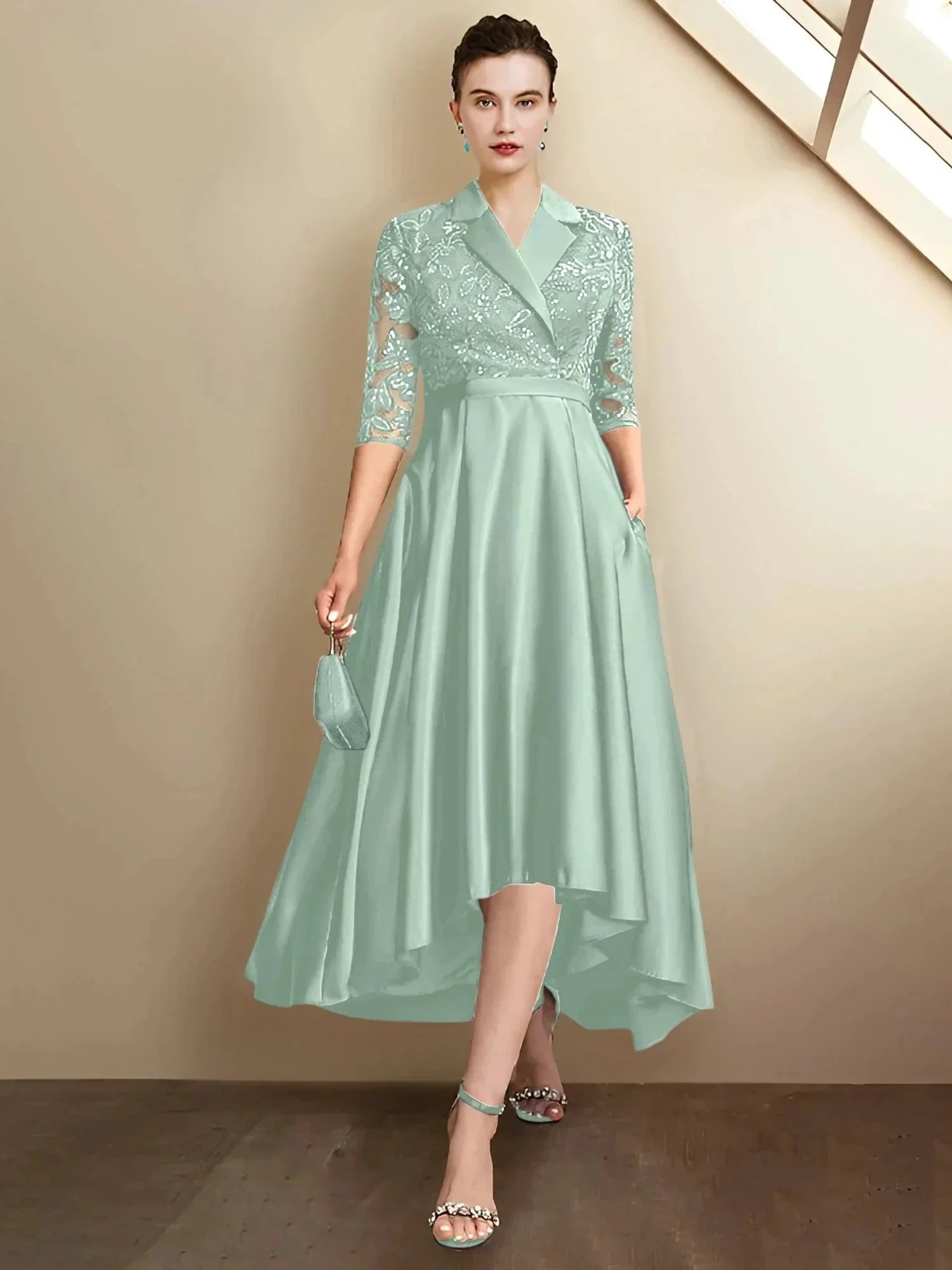 Sheath/Column V-Neck Tea-Length Mother of the Bride Dresses - Image 86