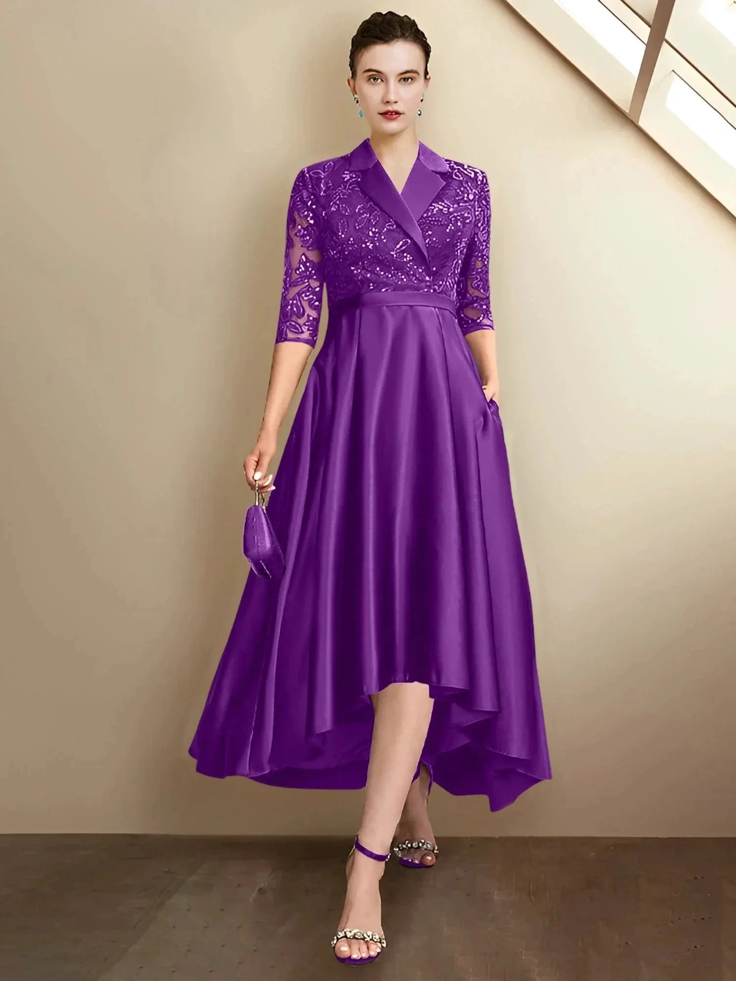 Sheath/Column V-Neck Tea-Length Mother of the Bride Dresses - Image 90