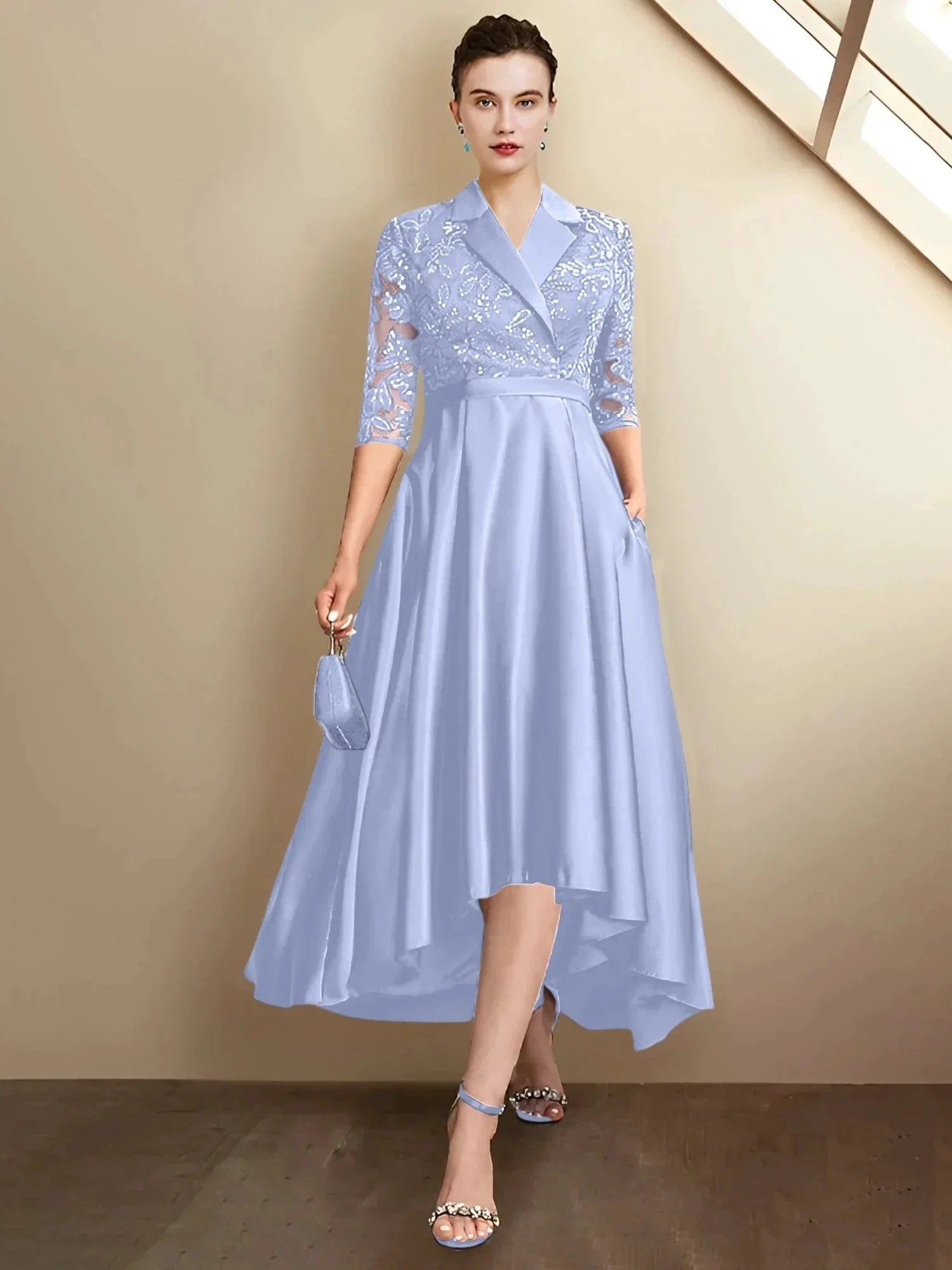 Sheath/Column V-Neck Tea-Length Mother of the Bride Dresses - Image 95