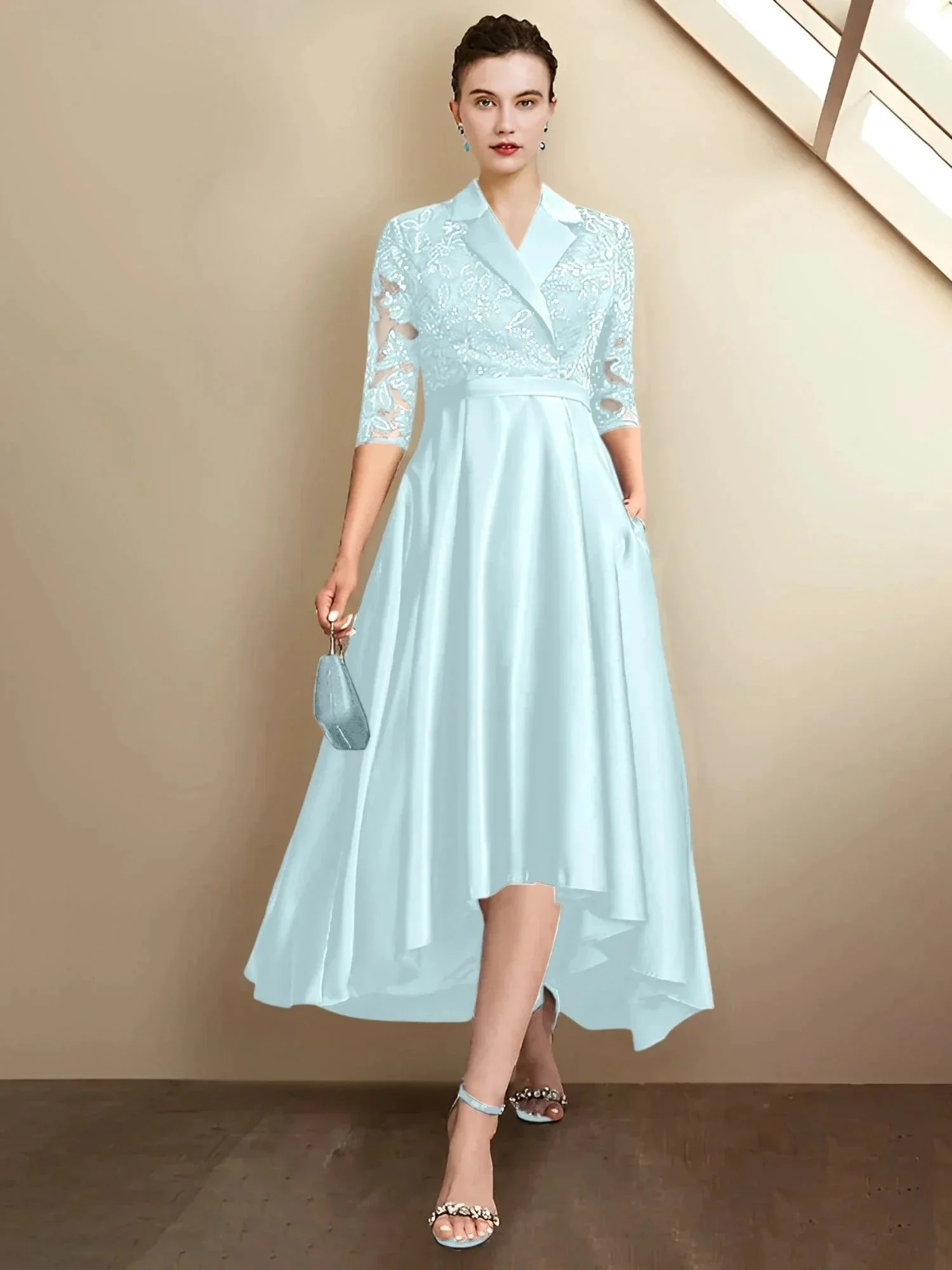 Sheath/Column V-Neck Tea-Length Mother of the Bride Dresses - Image 96