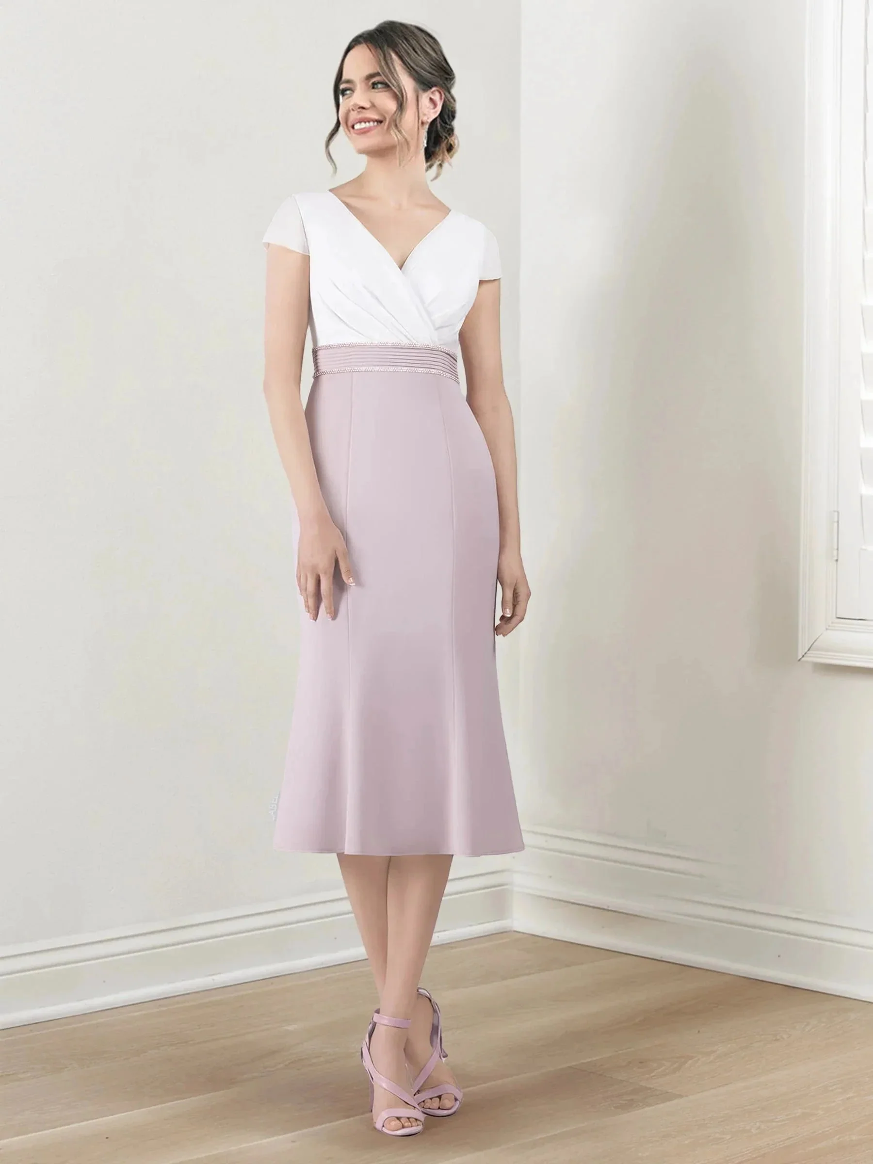 Sheath/Column V-Neck Tea-Length Mother of the Bride Dresses - Image 2