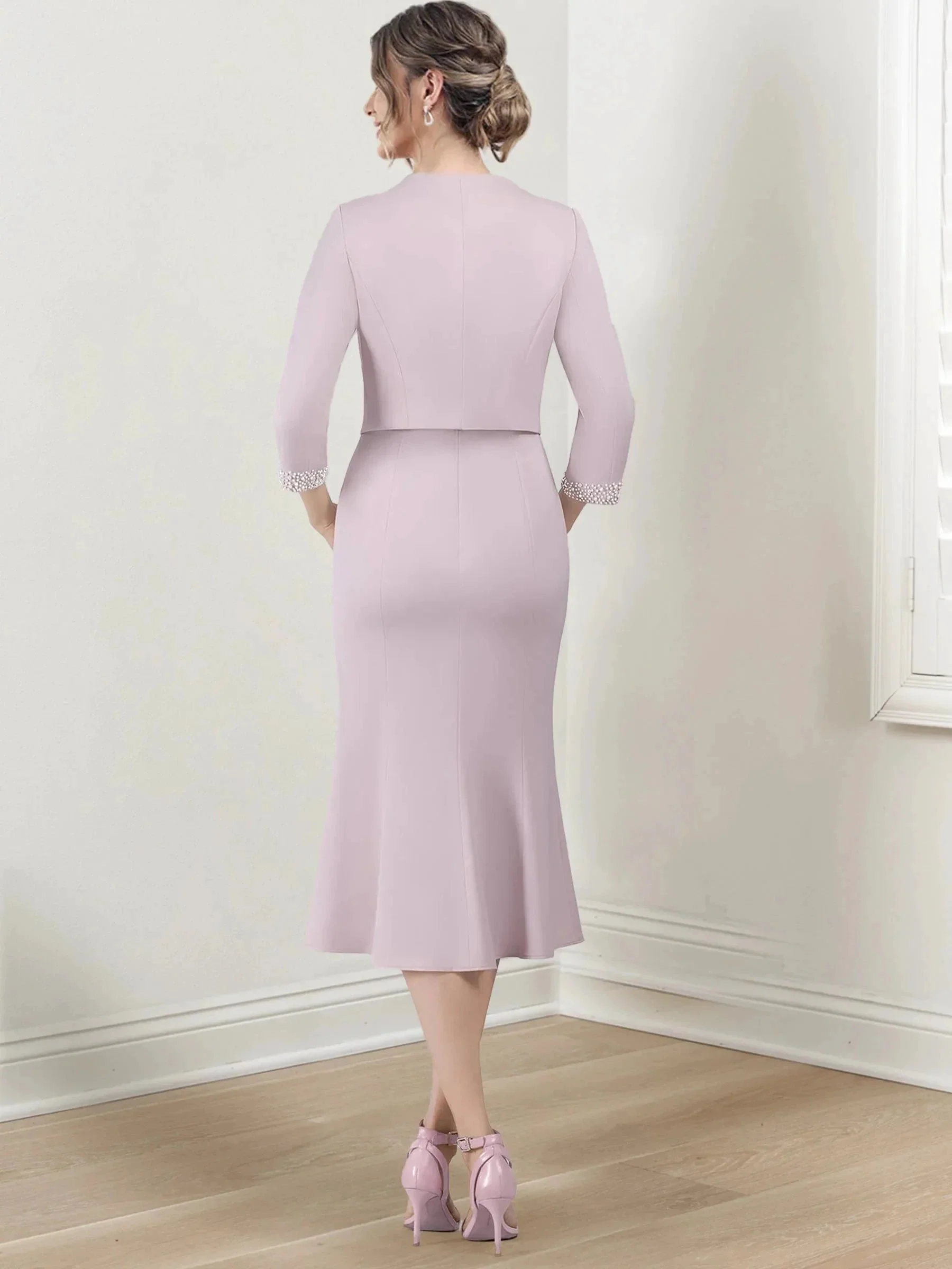 Sheath/Column V-Neck Tea-Length Mother of the Bride Dresses - Image 3
