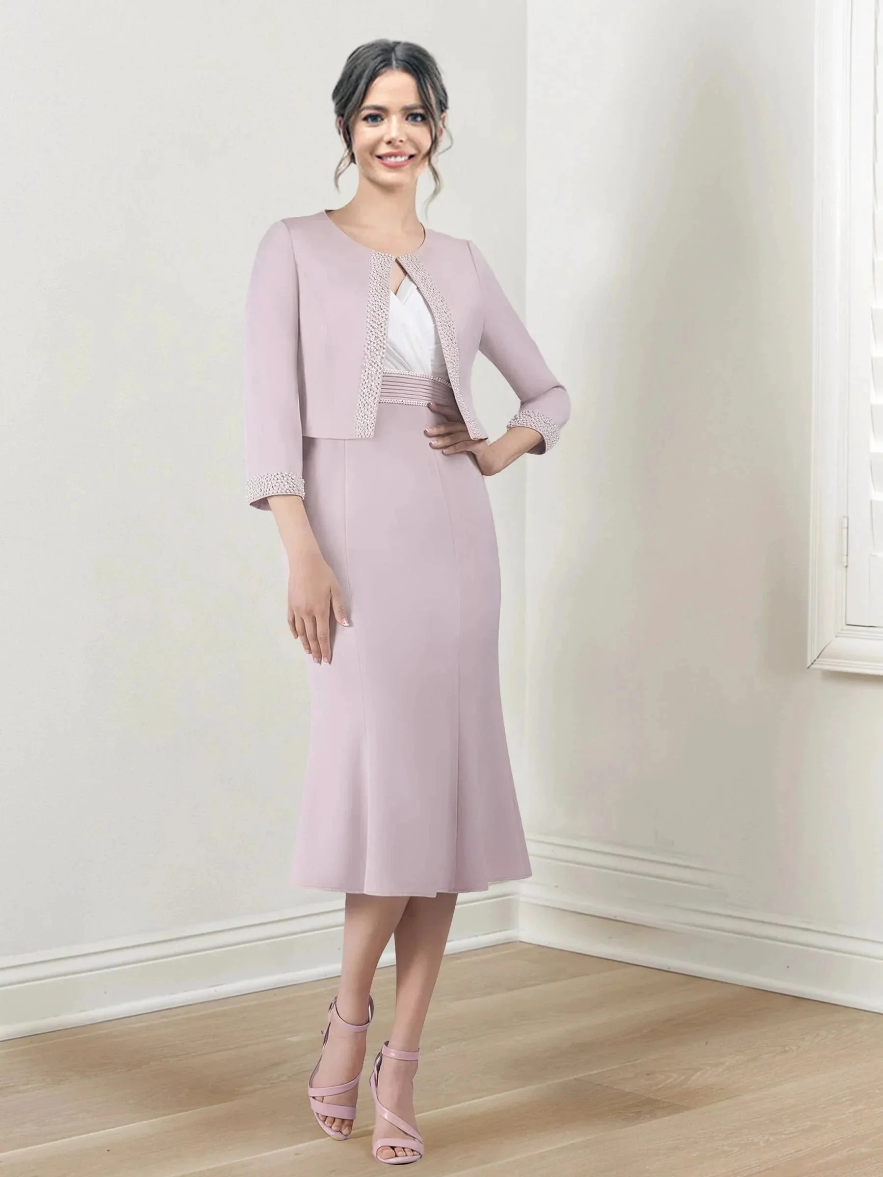 Sheath/Column V-Neck Tea-Length Mother of the Bride Dresses - Image 5