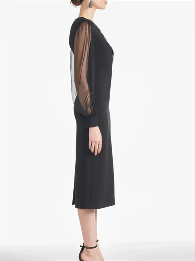Sheath/Column V Neck Tea Length Mother of the Bride Dresses - Image 3