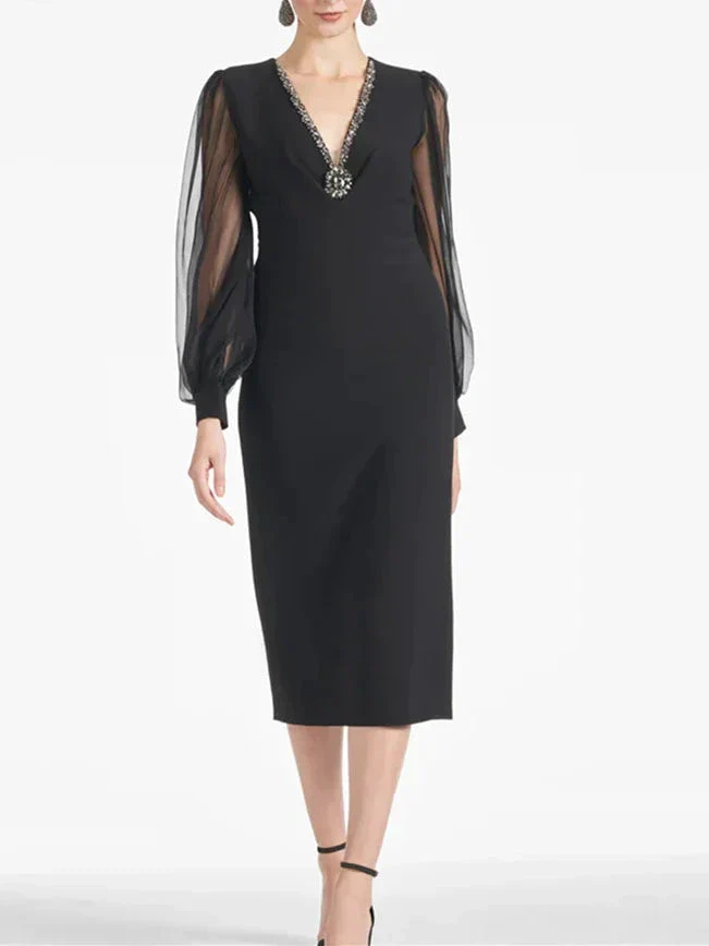 Sheath/Column V Neck Tea Length Mother of the Bride Dresses - Image 6