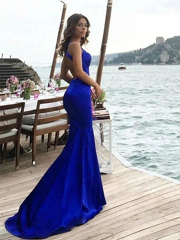Sheath Halter Sleeveless With Ruched Satin Prom Dresses - Image 2