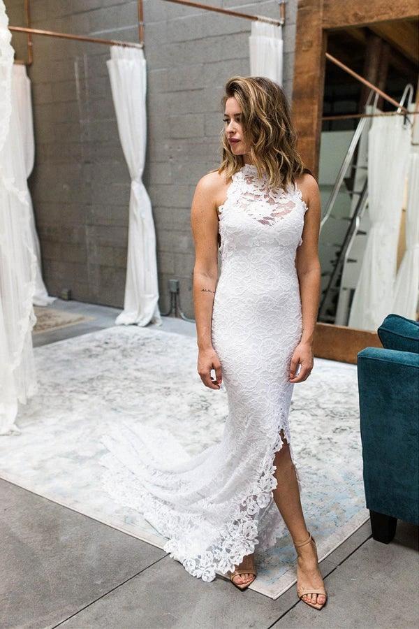 Sheath High Neck Sweep Train Open Back Lace Wedding Dress with Split  WD397 - Image 2