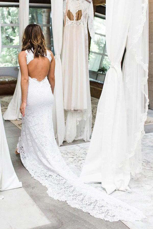Sheath High Neck Sweep Train Open Back Lace Wedding Dress with Split  WD397 - Image 3