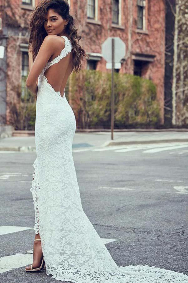 Sheath High Neck Sweep Train Open Back Lace Wedding Dress with Split  WD397 - Image 4