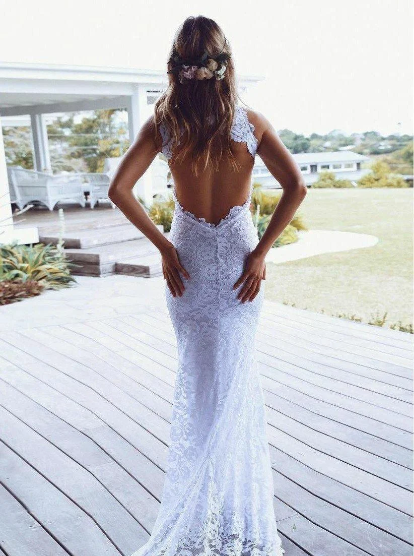 Sheath High Neck Sweep Train Open Back Lace Wedding Dress with Split  WD397 - Image 5