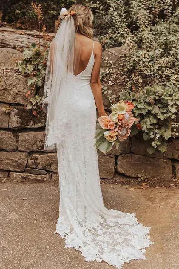 Sheath Lace Backless Scoop Sleeveless Split Court Train Wedding Dress WD258 - Image 4