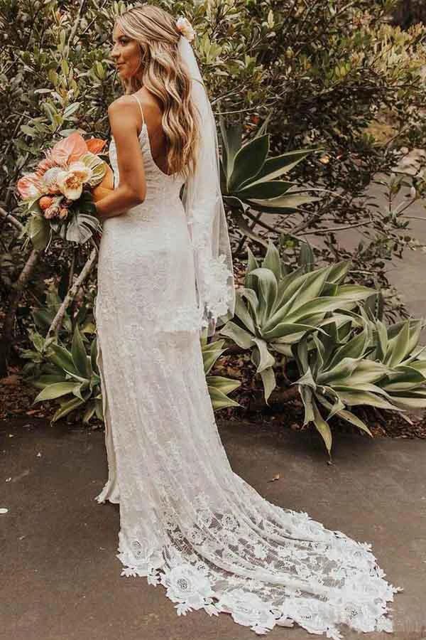 Sheath Lace Backless Scoop Sleeveless Split Court Train Wedding Dress WD258 - Image 6