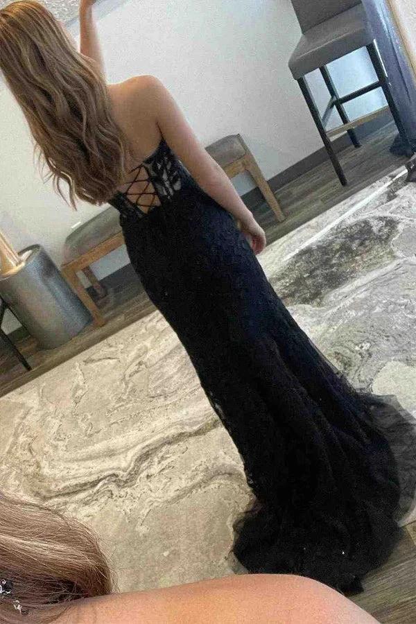 Sheath Lace Strapless Black Corset Long Prom Dress with Slit PSK605 - Image 3