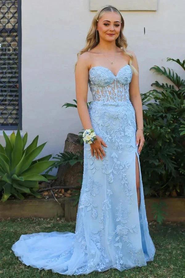 Sheath Lace Strapless Black Corset Long Prom Dress with Slit PSK605 - Image 5