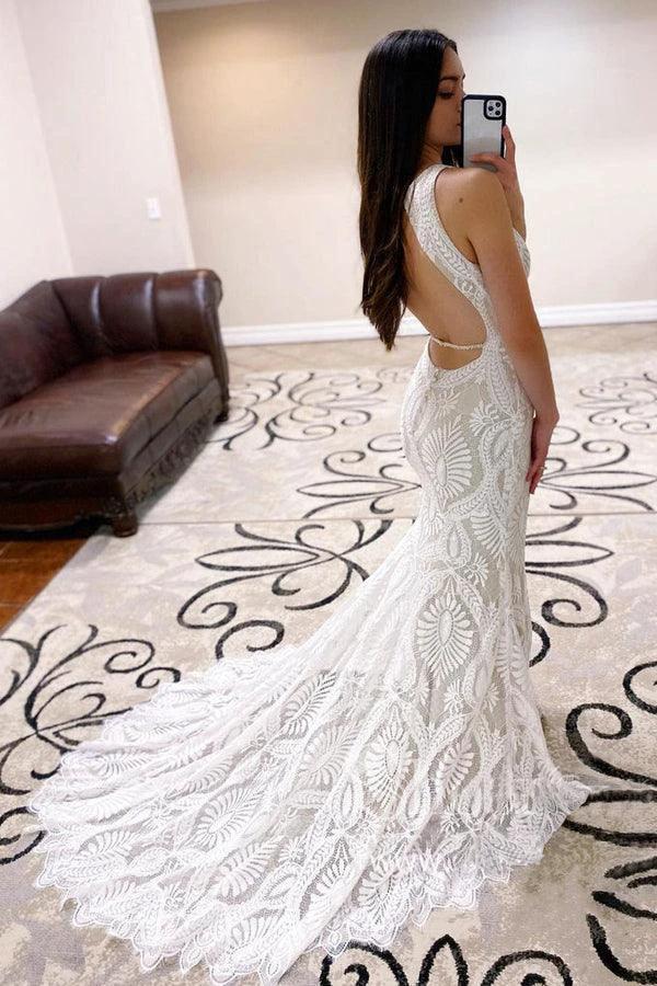 Sheath Lace Wedding Dress open Back Bridal Dress With Court Train WD590 - Image 2