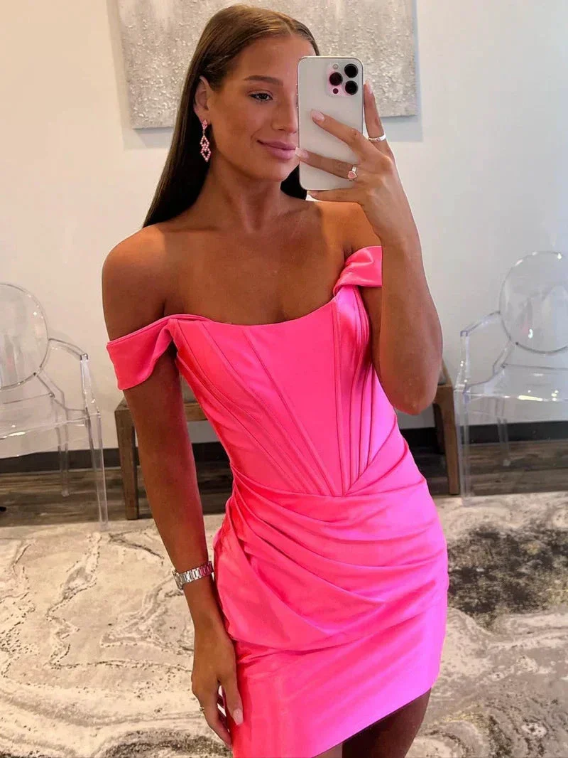 Sheath Off the Shoulder Short Satin Homecoming Dress Y2906 - Image 2