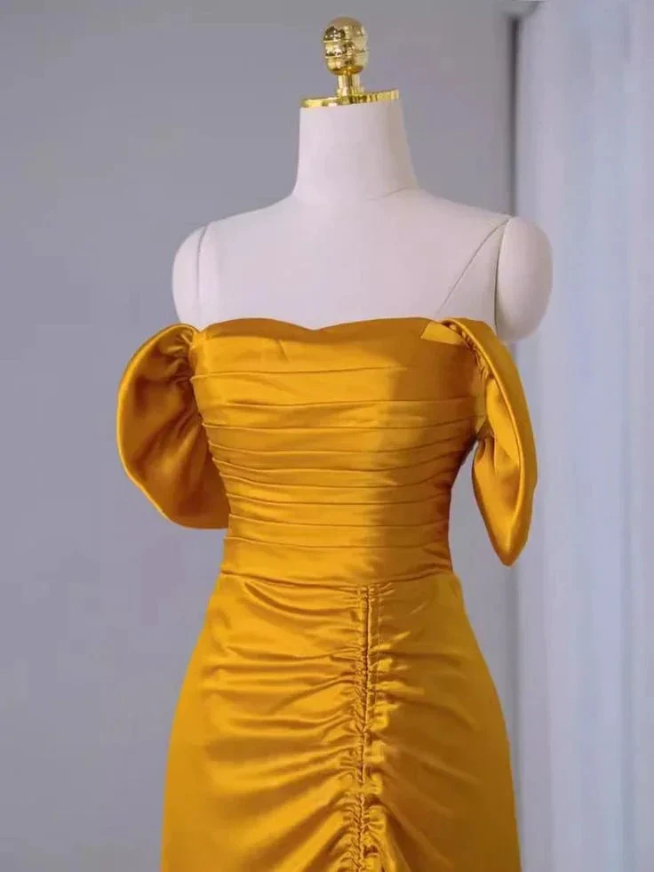 Sheath Off The Shoulder Yellow Pleated Prom Dress Slit Evening Dress Y7598 - Image 2
