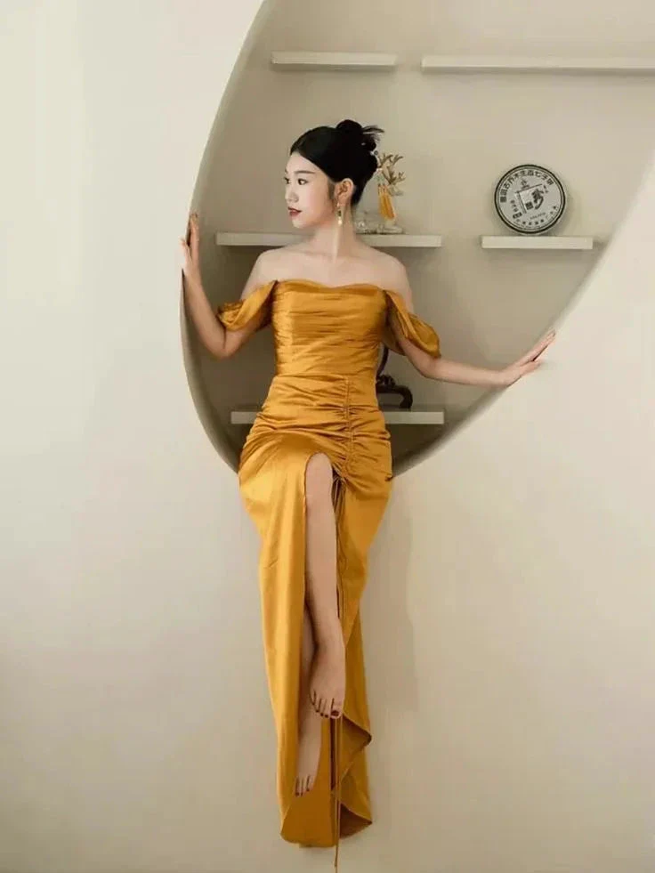 Sheath Off The Shoulder Yellow Pleated Prom Dress Slit Evening Dress Y7598 - Image 3