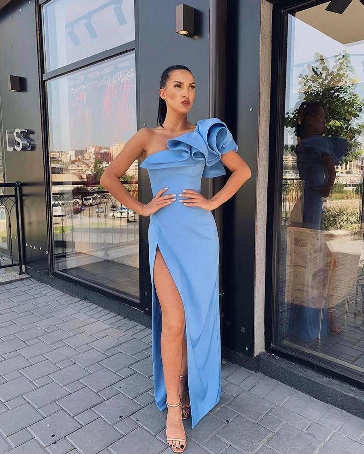 Sheath One Shoulder Blue Satin Ruffled Shoulder Slit Evening Dresses Y1068 - Image 2