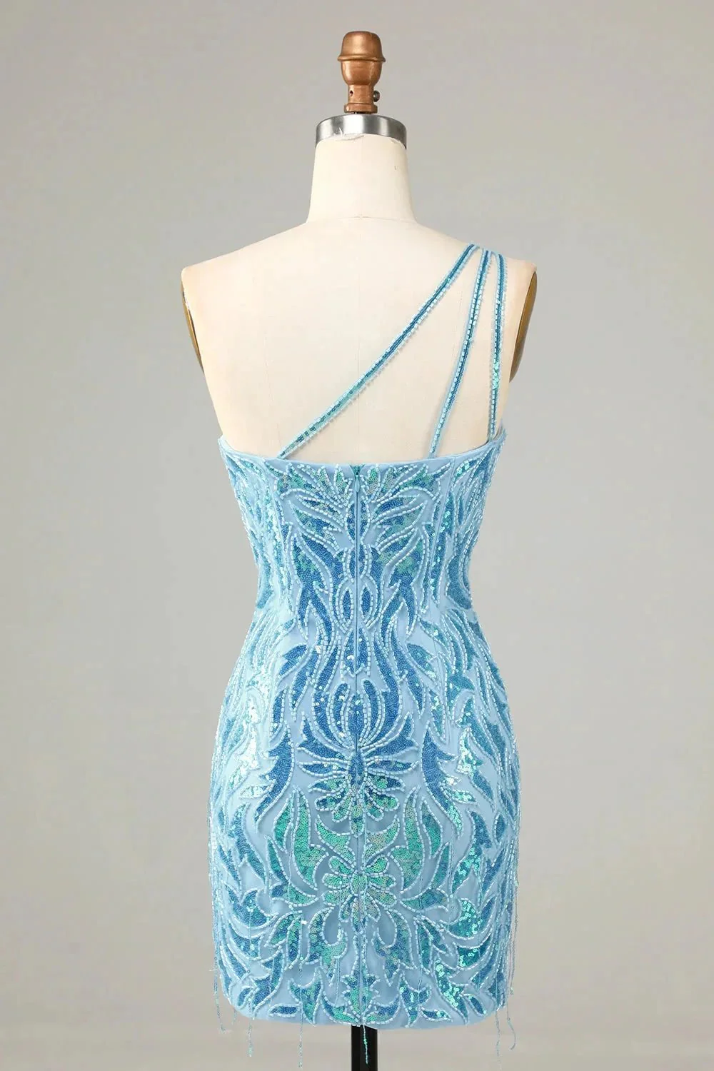 Blue Sheath One Shoulder Sequins Short Homecoming Dress - Image 2