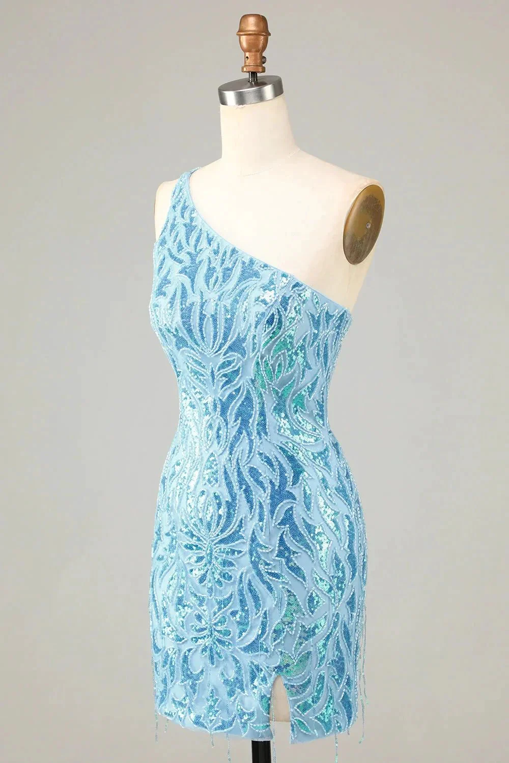 Blue Sheath One Shoulder Sequins Short Homecoming Dress - Image 3