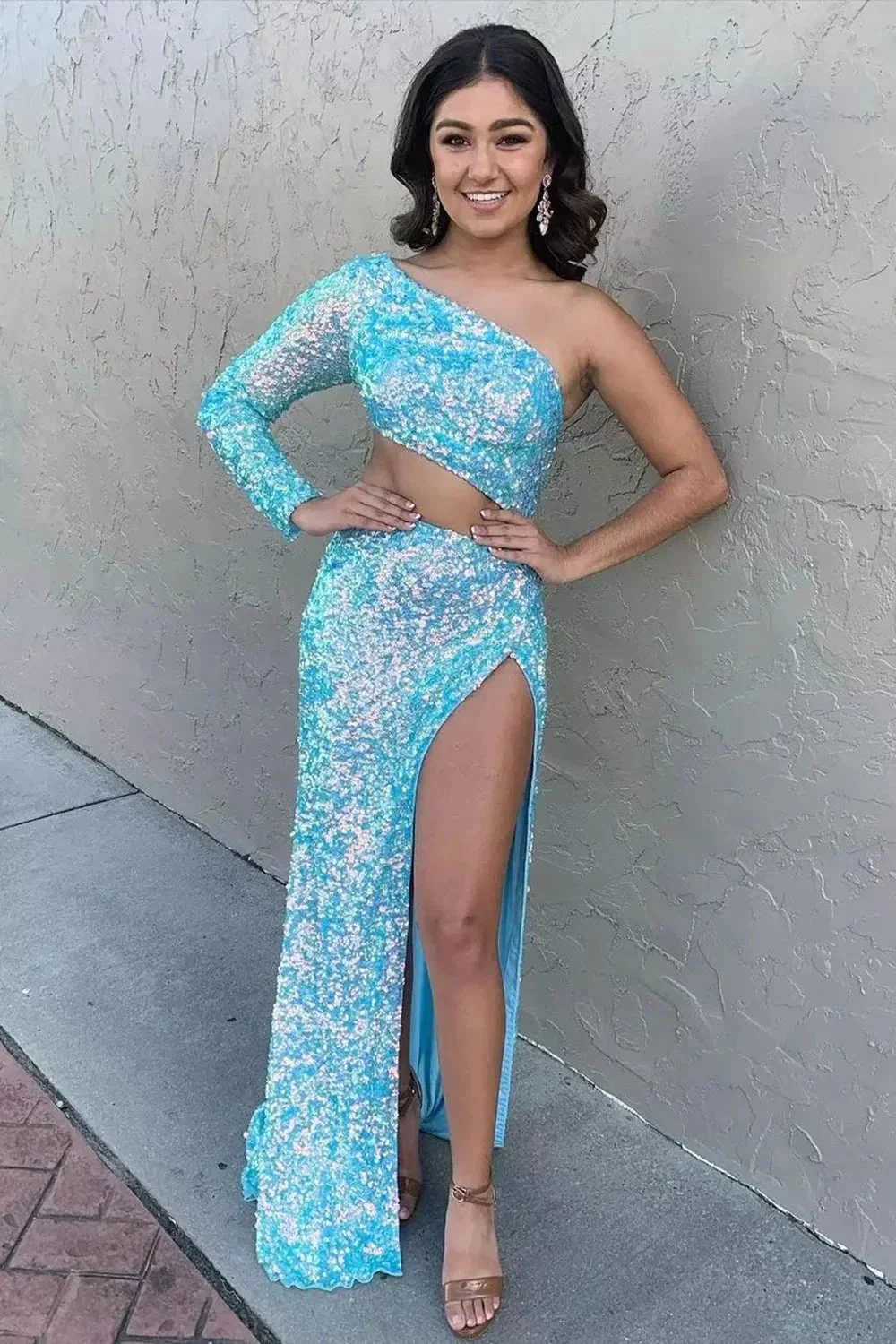 Sheath One Shoulder Red Sequins Long Prom Dress with Silt - Image 3
