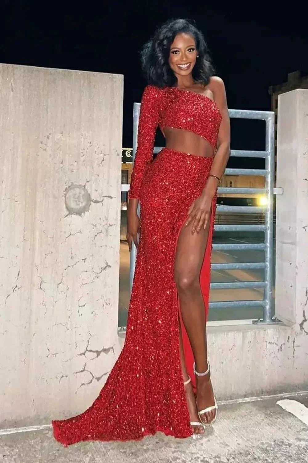 Sheath One Shoulder Red Sequins Long Prom Dress with Silt - Image 4